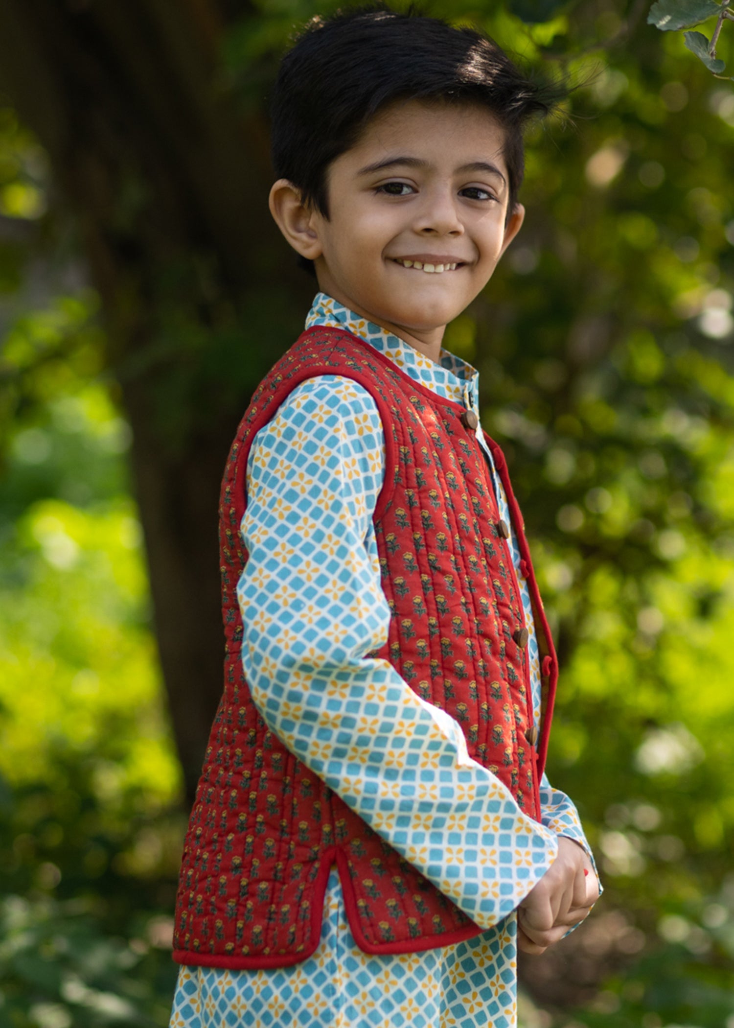 Kanak/Bhoomi Mustard & Red 100% Cotton Reversible Bundi Jacket Unisex (0-12 Years)