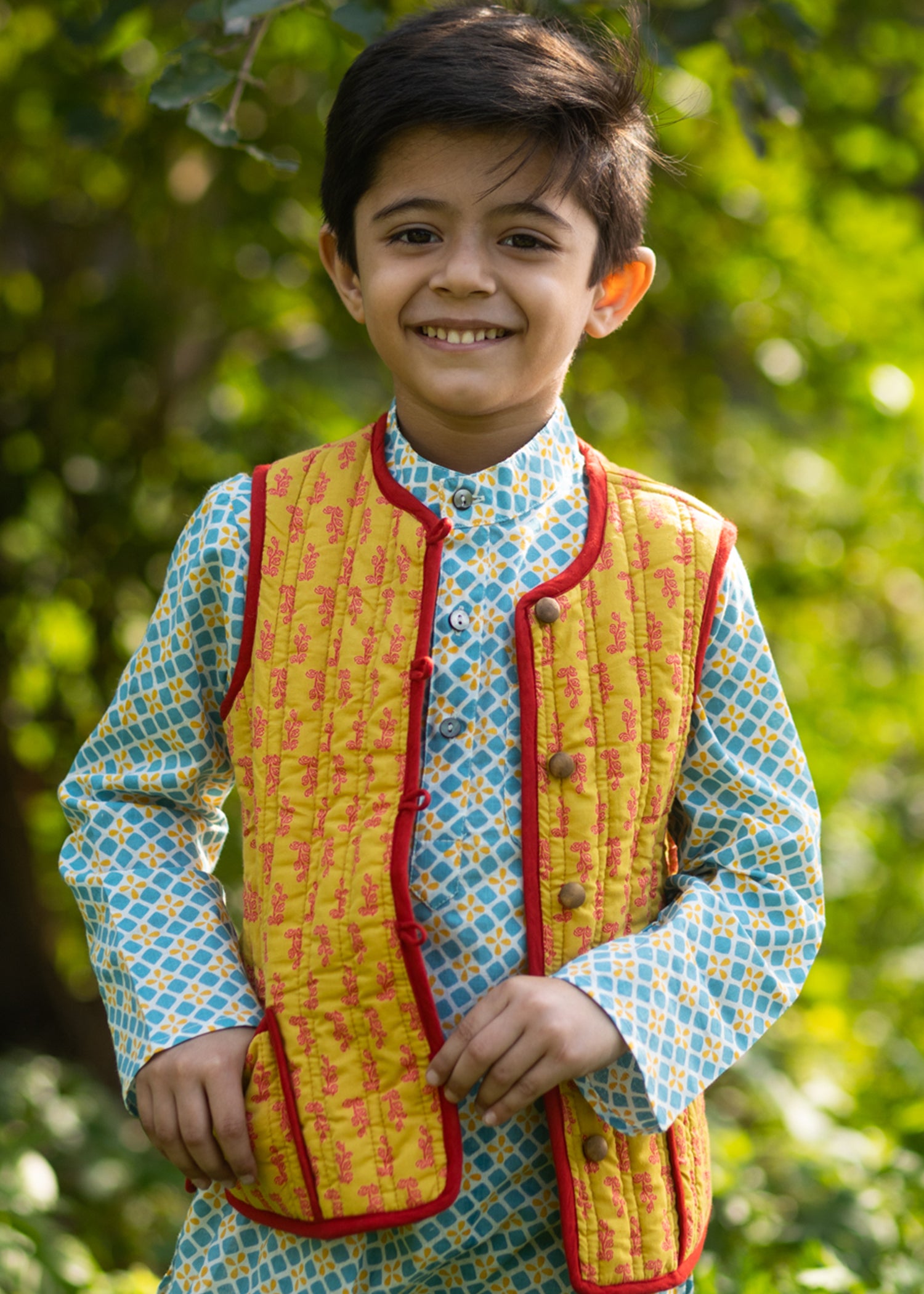 Kanak/Bhoomi Mustard & Red 100% Cotton Reversible Bundi Jacket Unisex (0-12 Years)