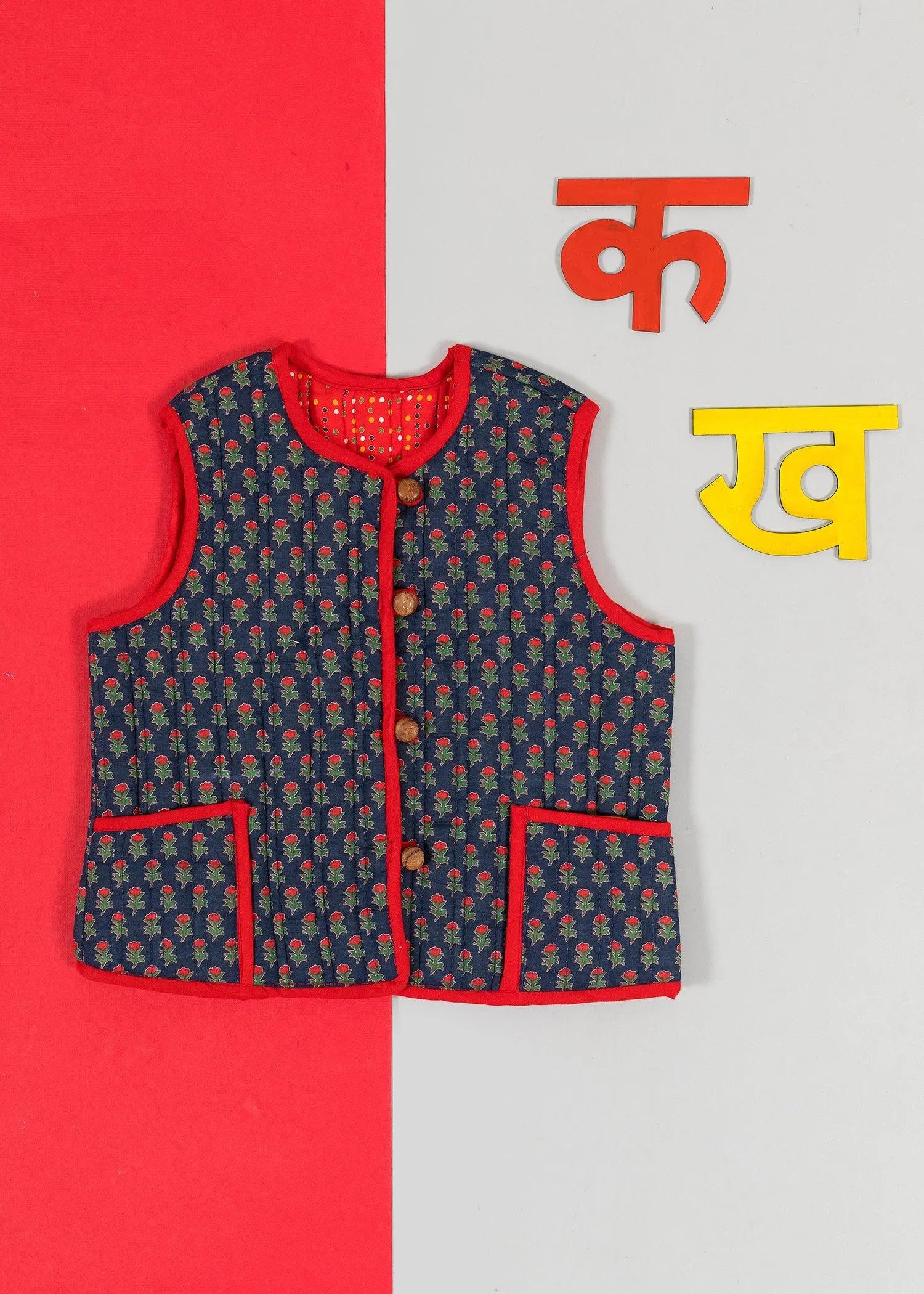 Kanak Ratan Blue & Red 100% Cotton Quilted Reversible  Jacket Unisex (0-12 Years)