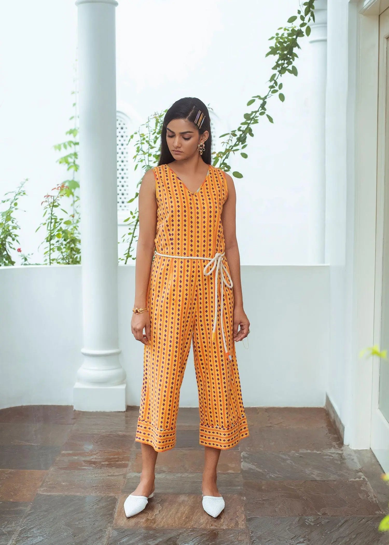 Charlotte Orange Block Print Cotton Jumpsuit