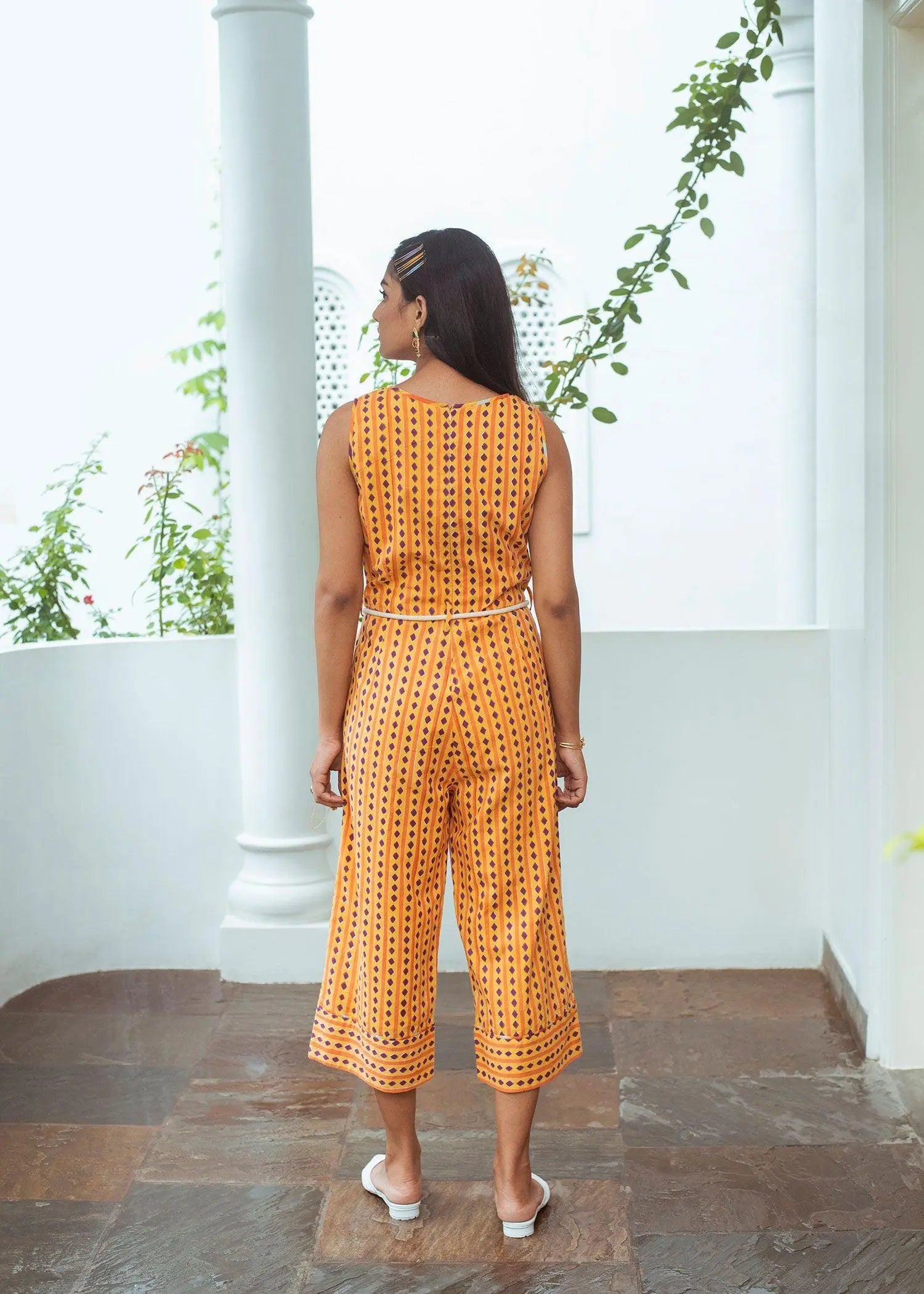 Charlotte Orange Block Print Cotton Jumpsuit