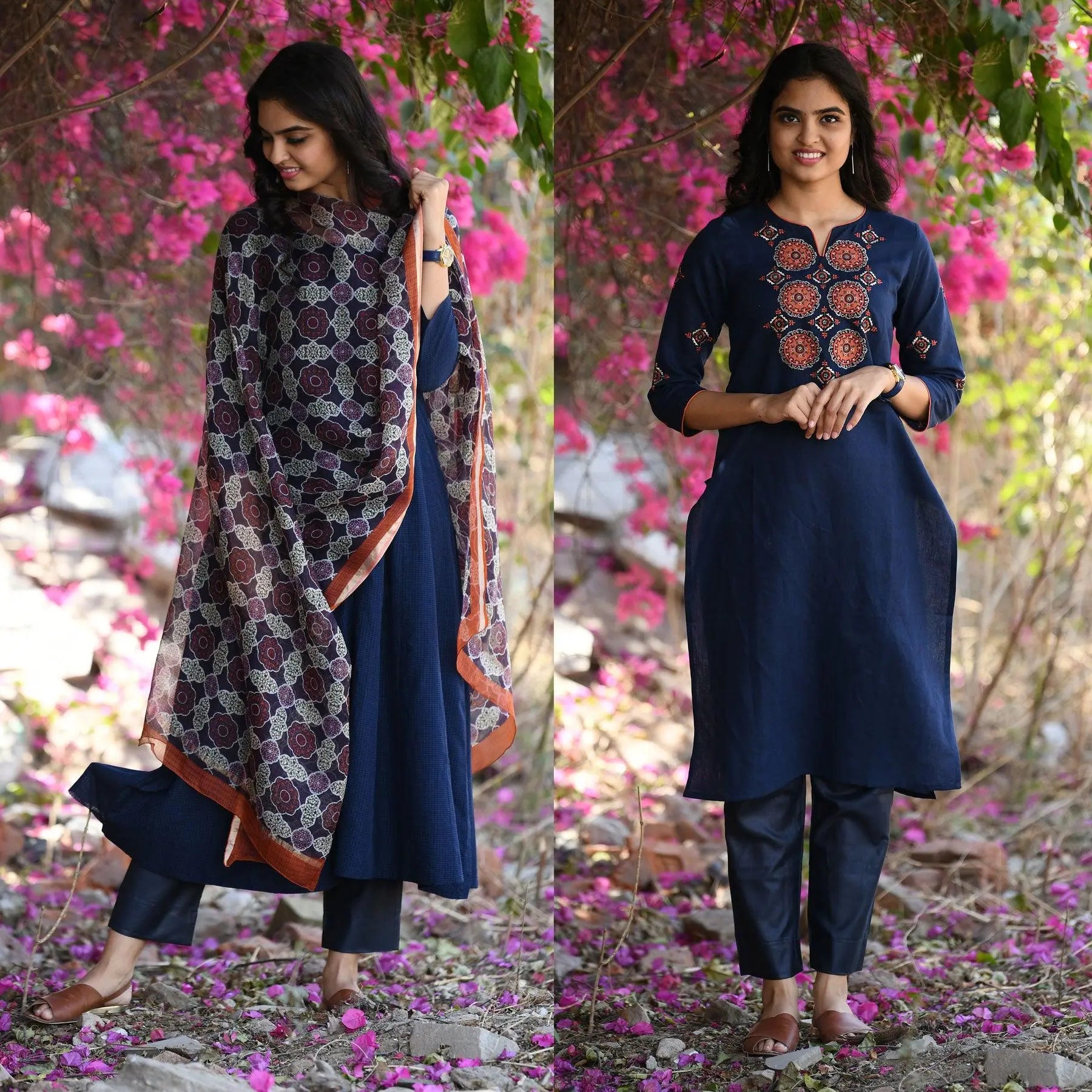 Embroidered Blue Cotton Straight Fit Kurta