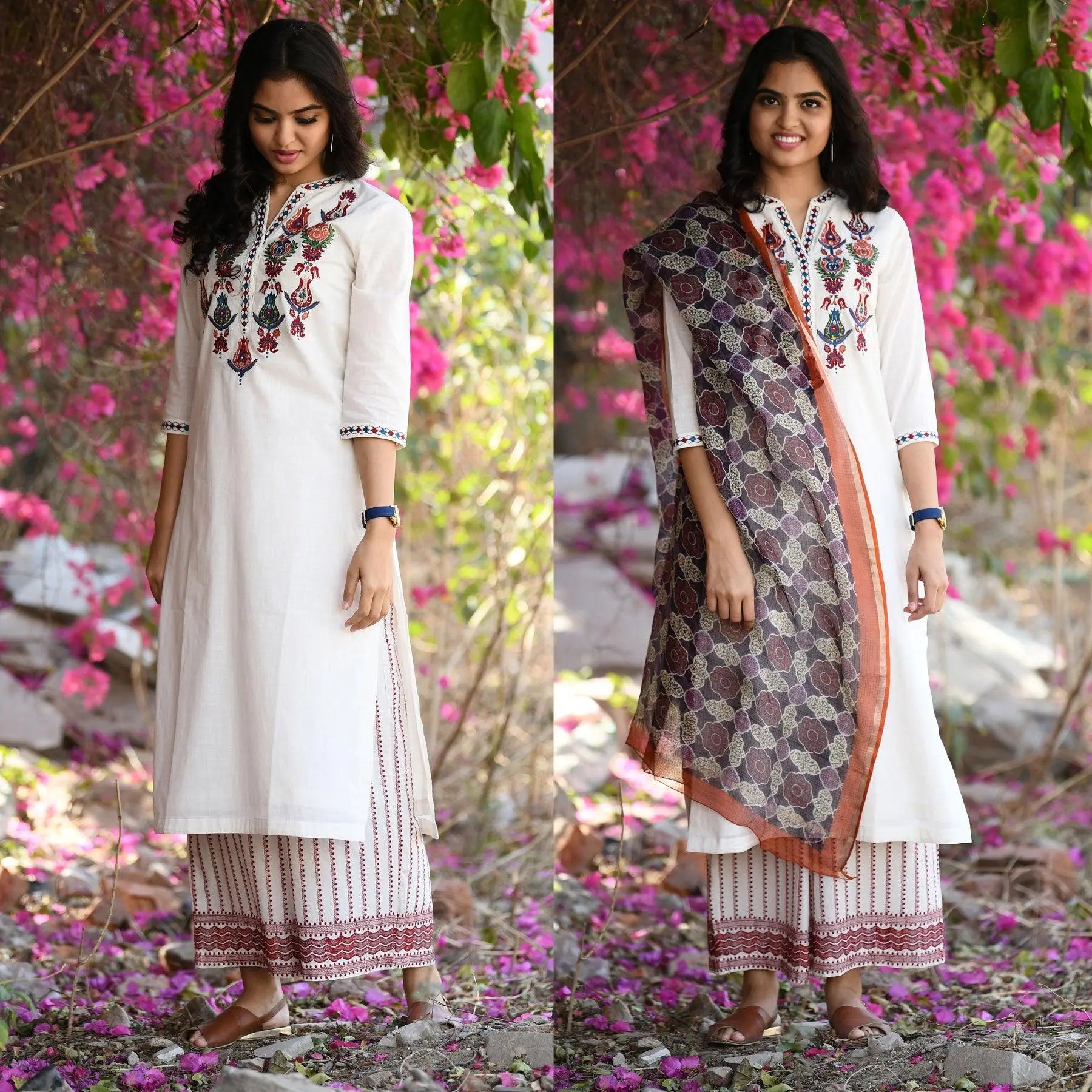 Smriti Embroidered Cream Cotton Slub Kurta