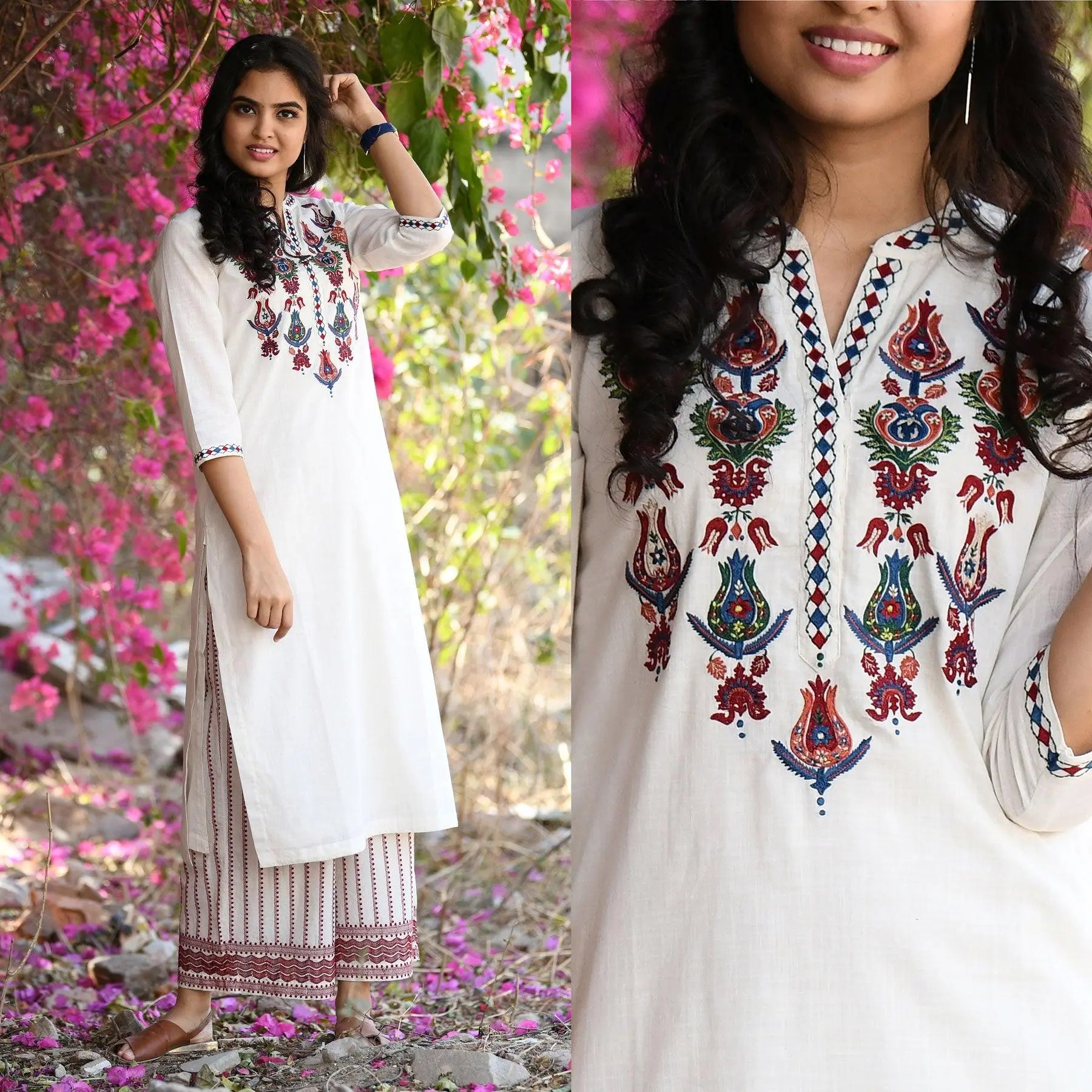 Smriti Embroidered Cream Cotton Slub Kurta