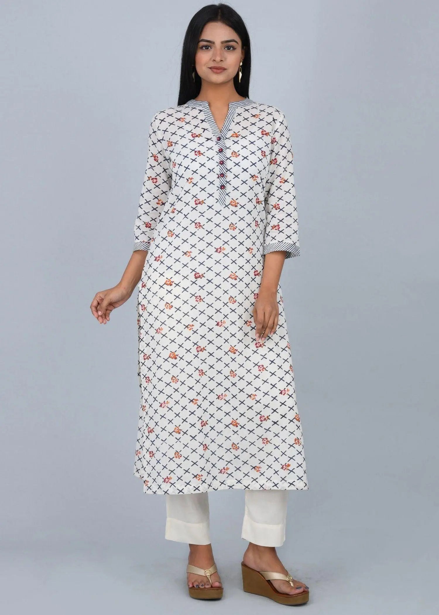 Smiriti Red And Blue Block Print Straight Fit Cotton Kurta