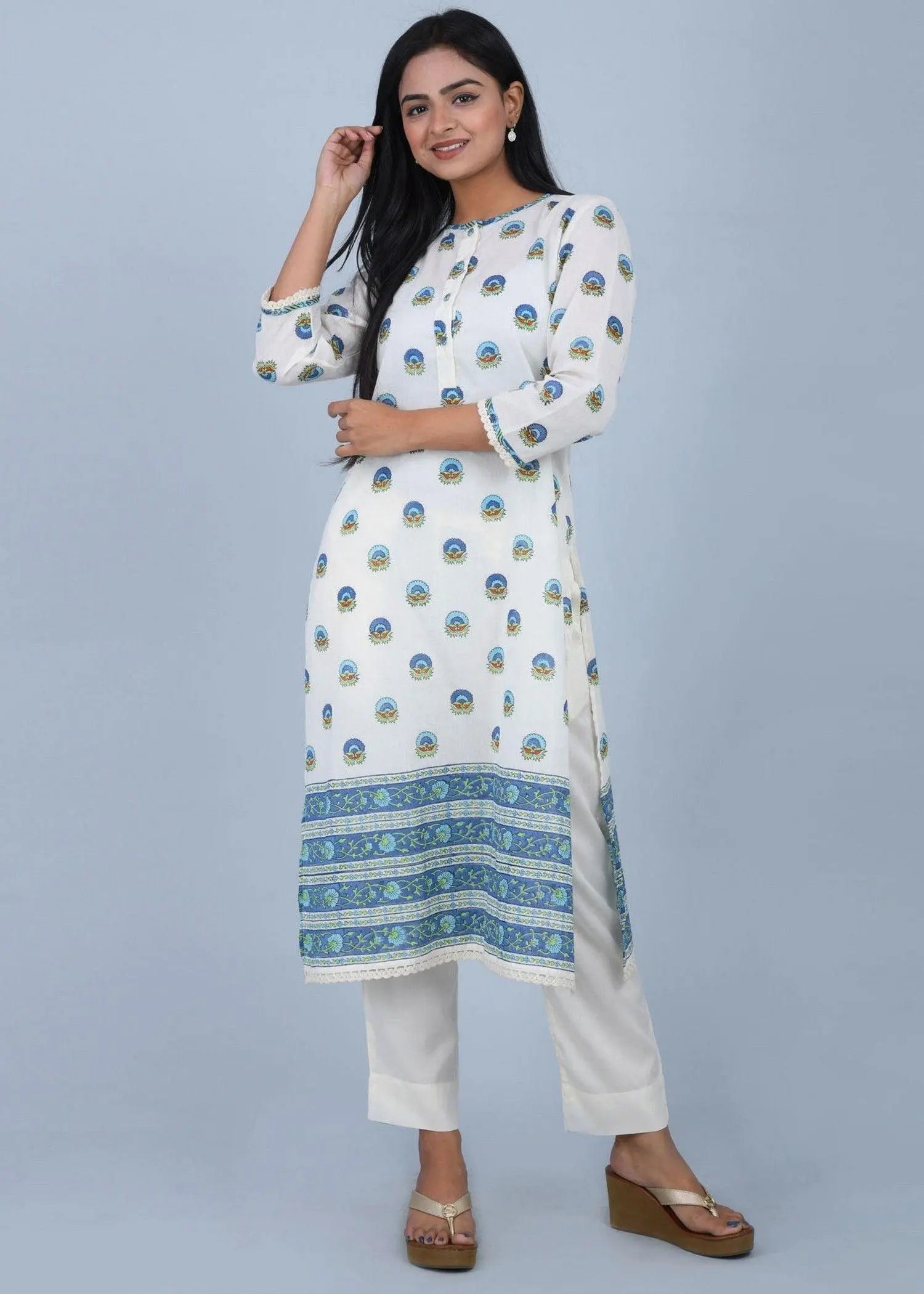 Upasana Blue And Turquoise Straight Cut Cotton Kurta