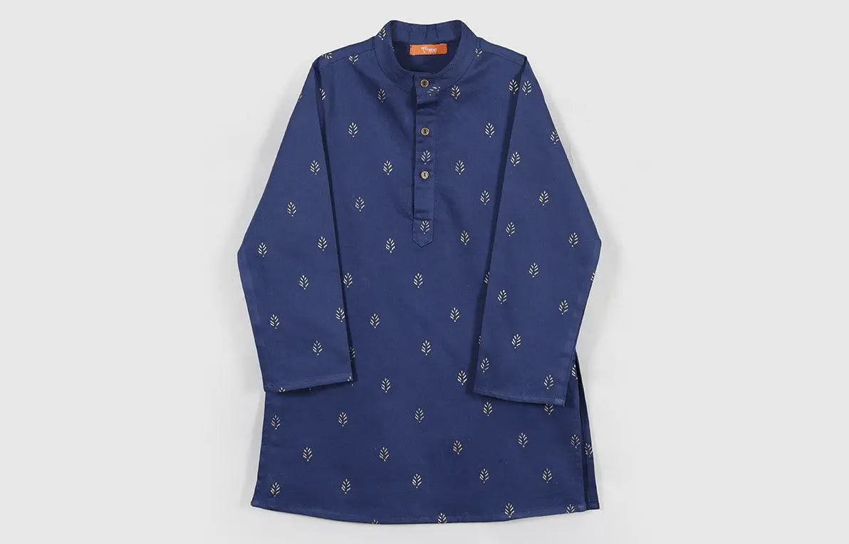 Rogan Print Navy Cotton Satin Kurta Boy (6 Month to 12 Years)