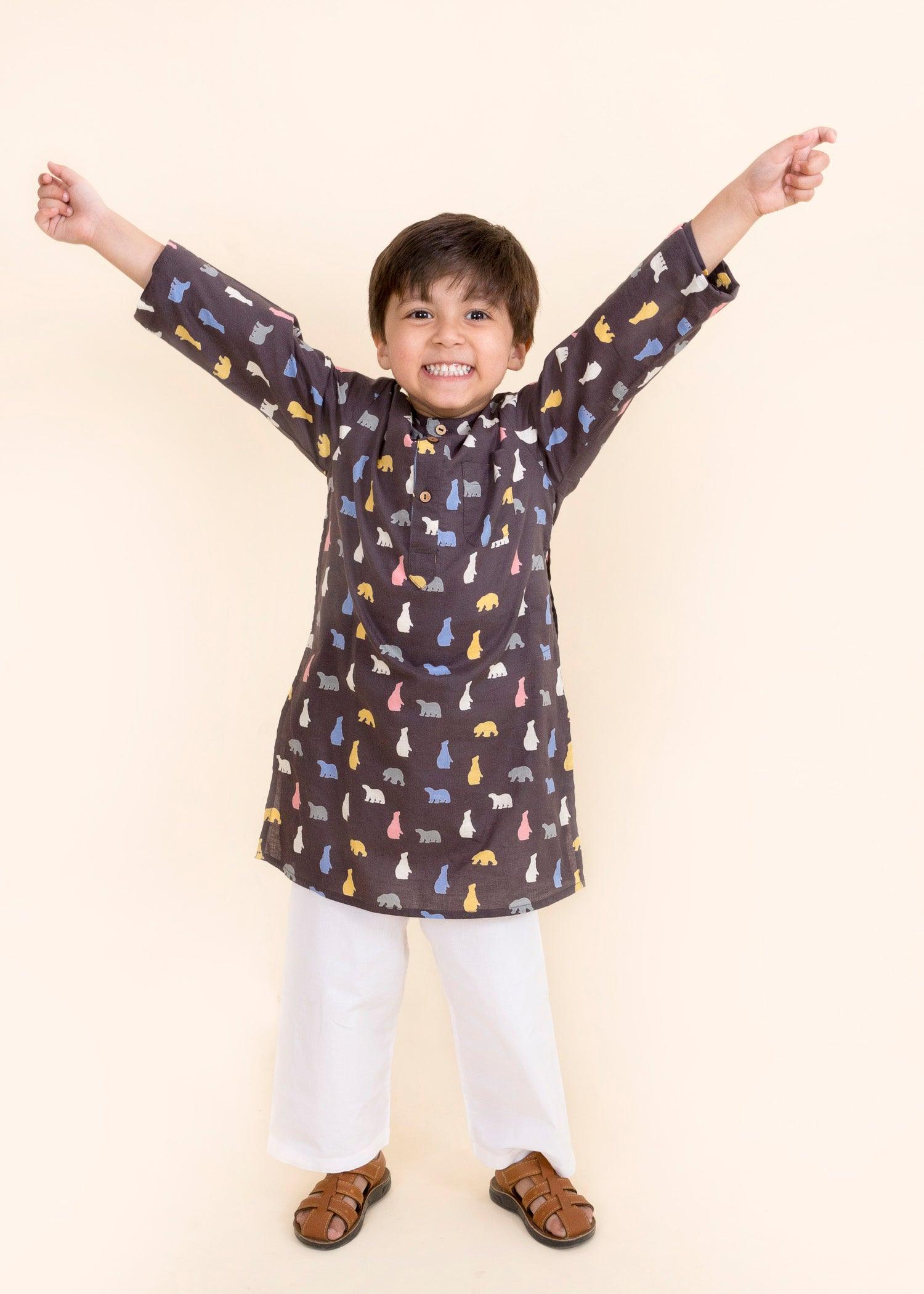 Bear Brown Cotton Kurta Boy  (6 Months to 12 Years)