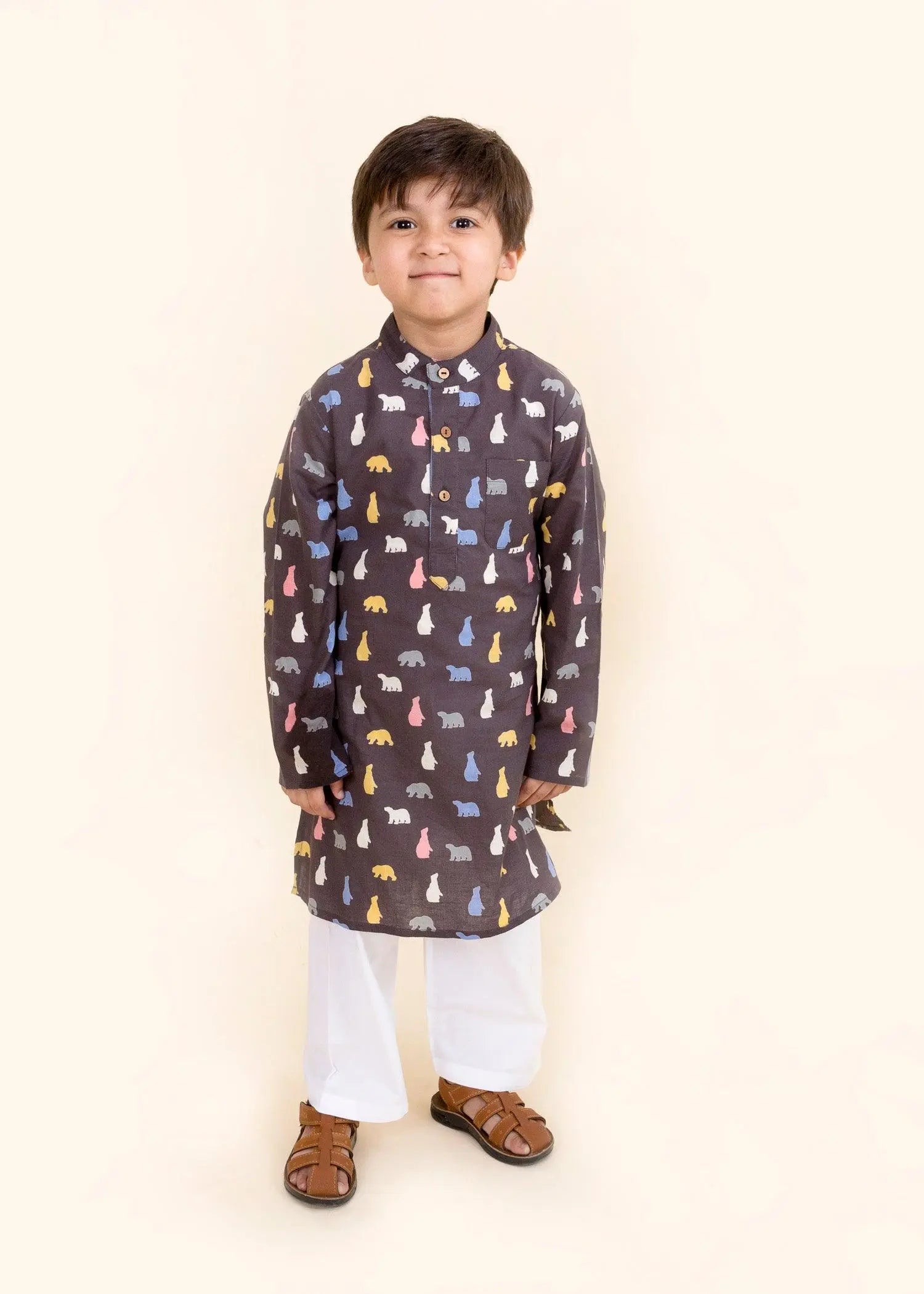 Bear Brown Cotton Kurta Boy  (6 Months to 12 Years)