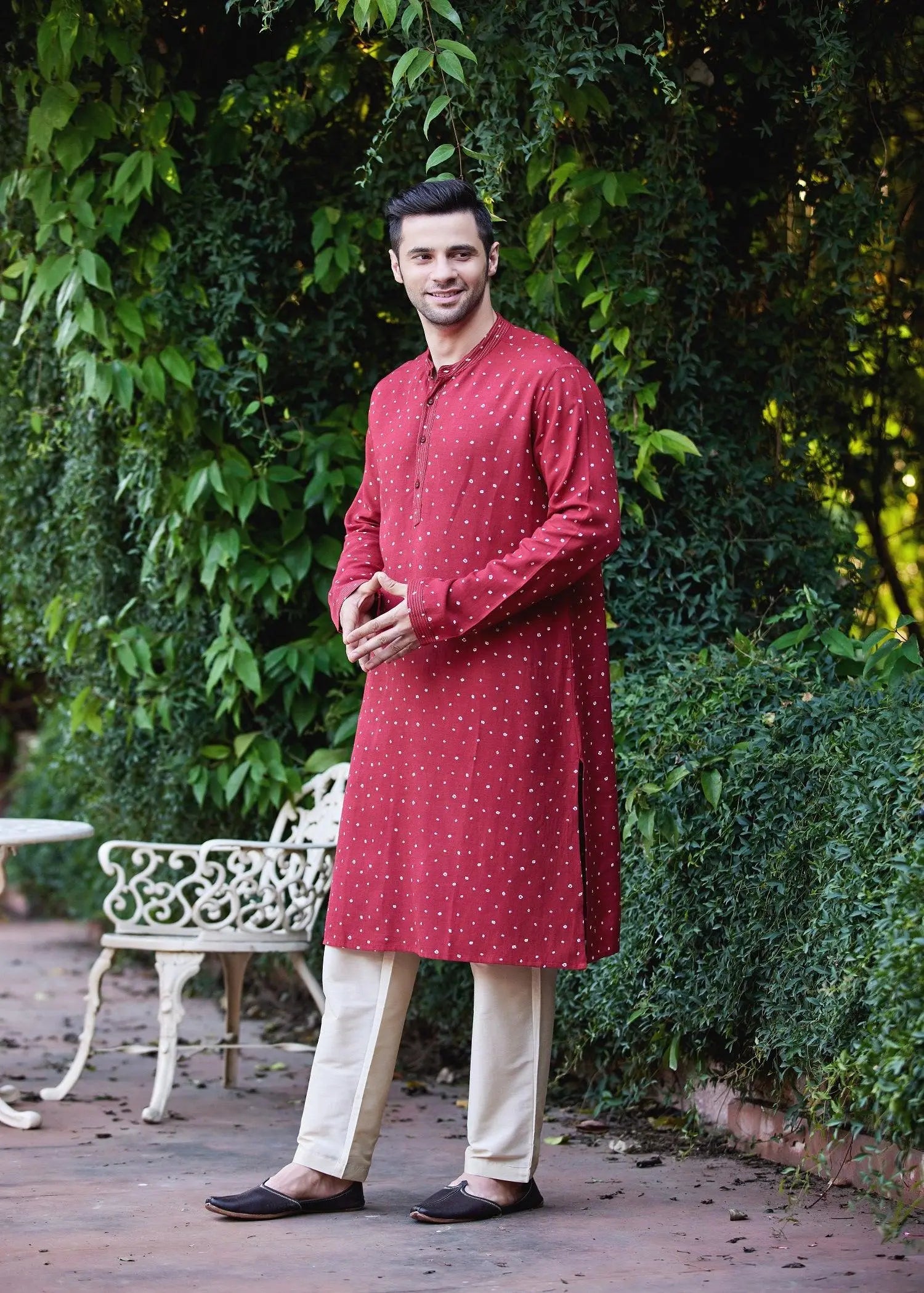 Bhandhej Red Viscose Full Sleeve Kurta