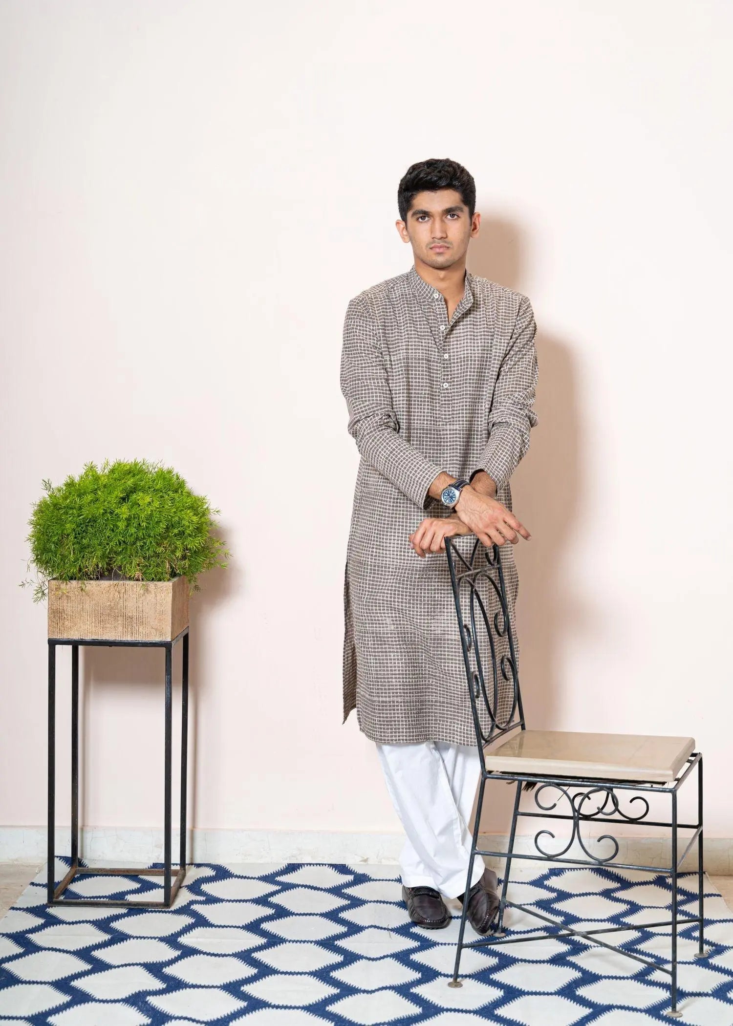 Broken Checks Mud Cotton Full Sleeves Kurta