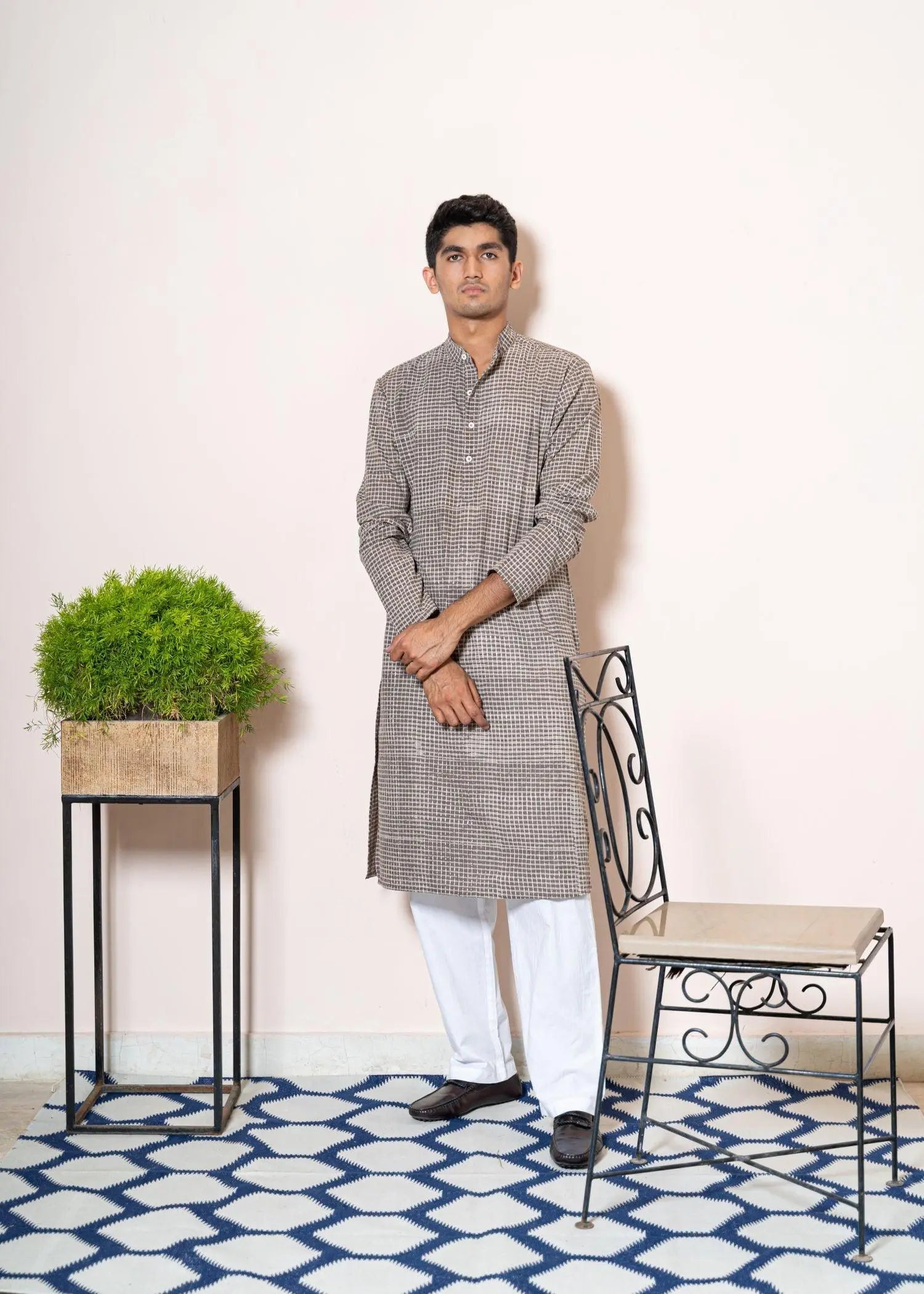 Broken Checks Mud Cotton Full Sleeves Kurta