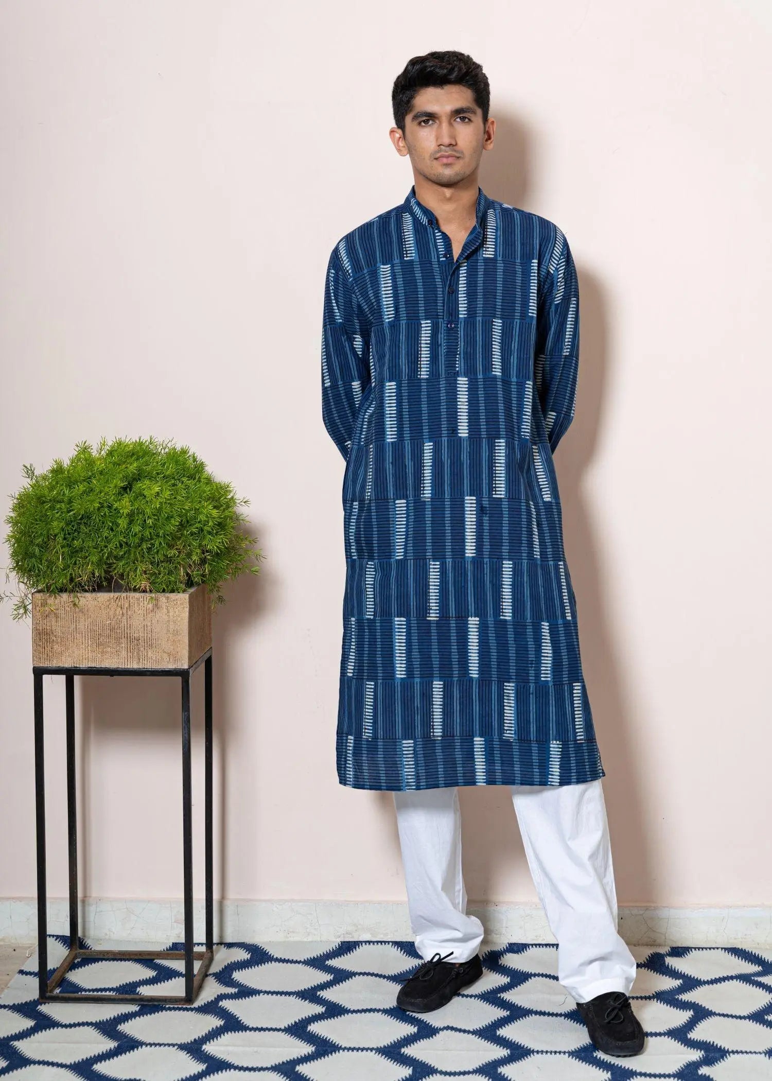 Split Stripe Indigo Cotton Full sleeve Kurta