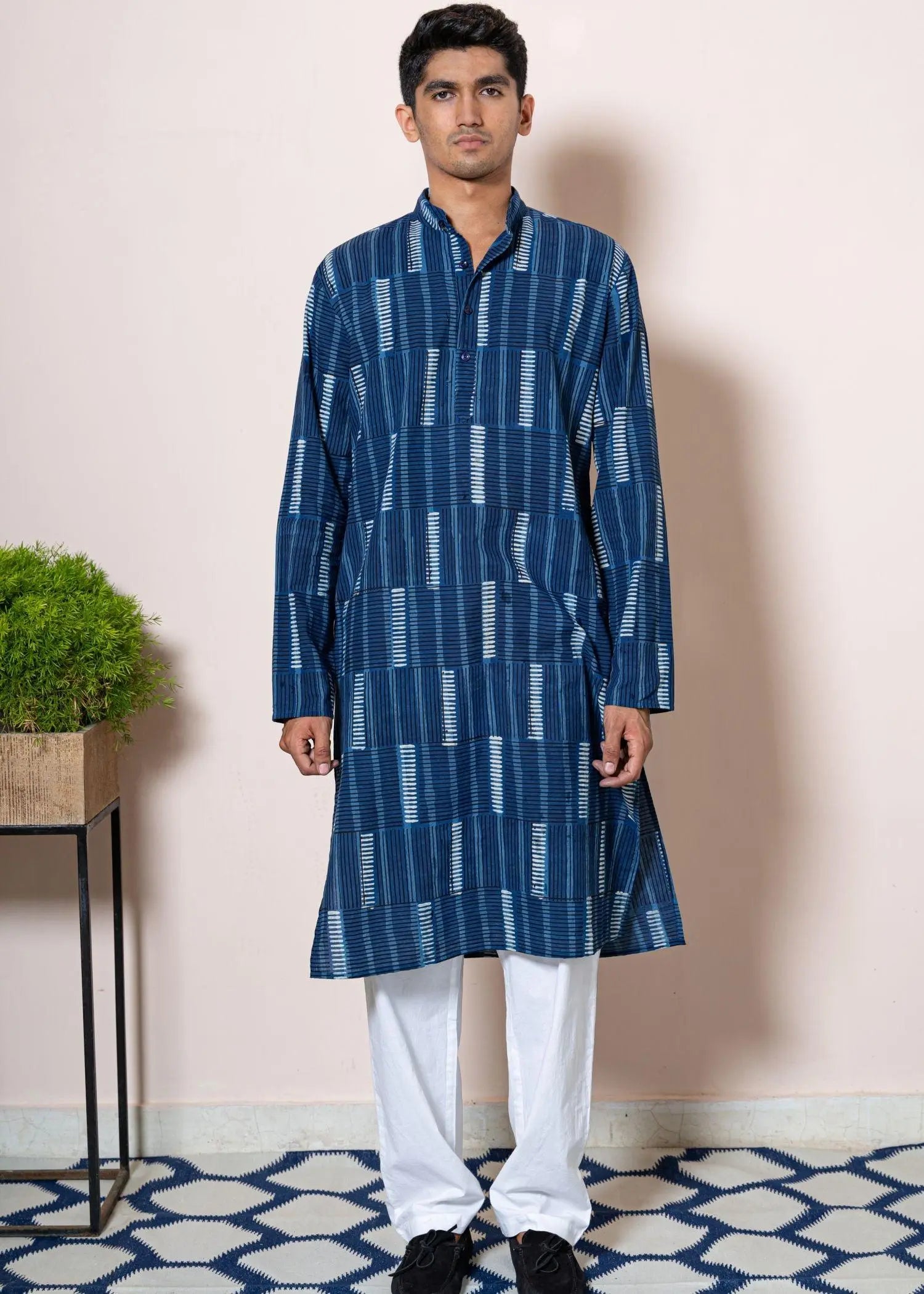 Split Stripe Indigo Cotton Full sleeve Kurta