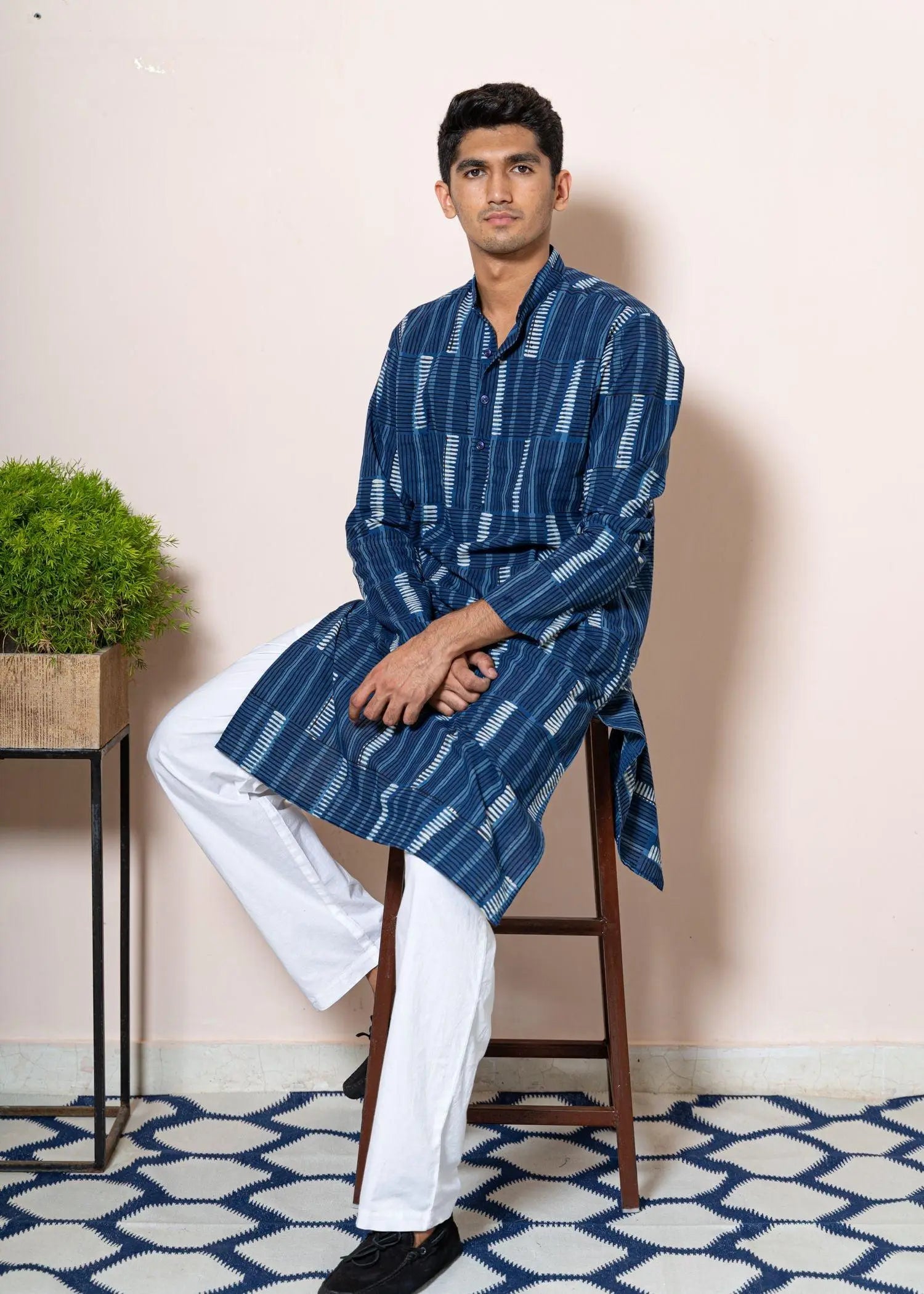 Split Stripe Indigo Cotton Full sleeve Kurta