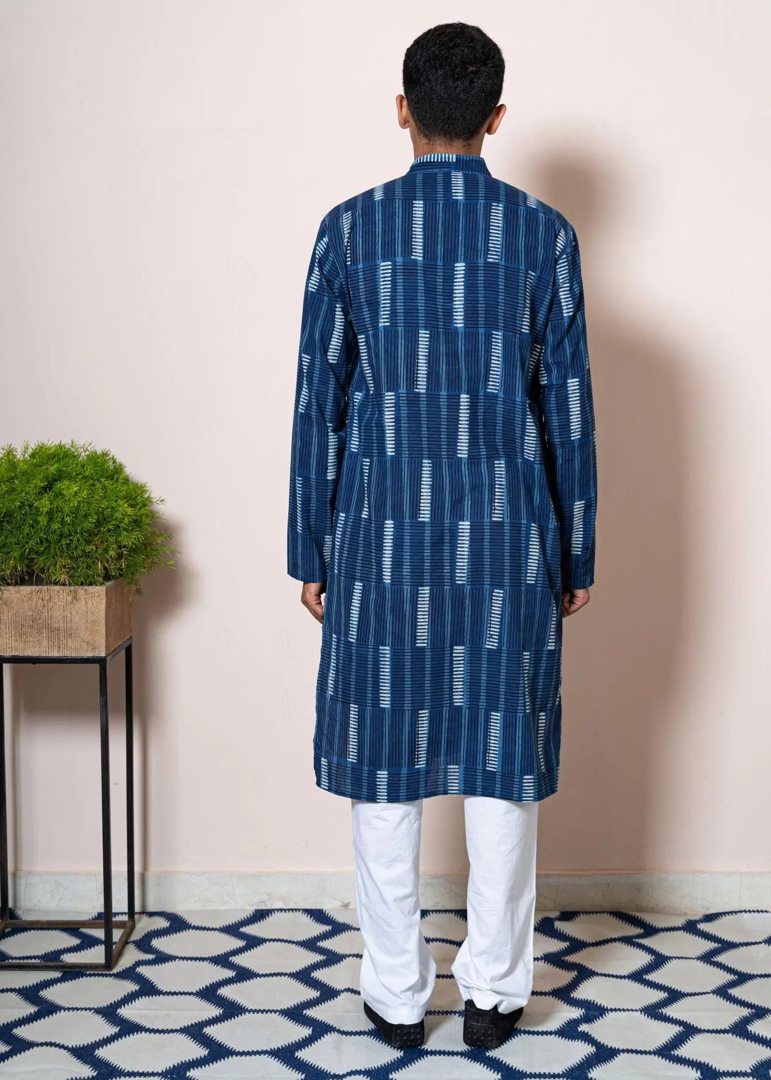 Split Stripe Indigo Cotton Full sleeve Kurta