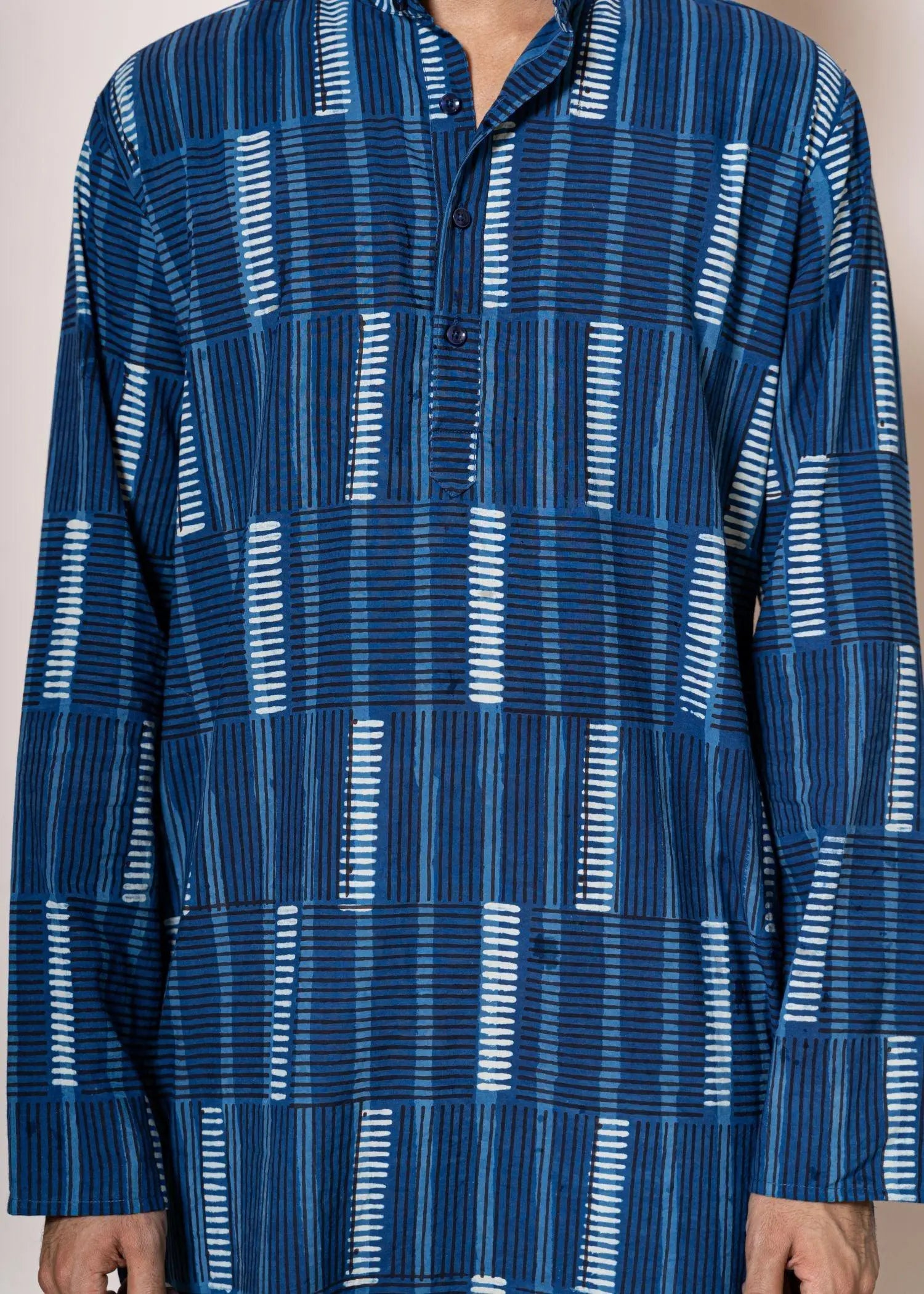 Split Stripe Indigo Cotton Full sleeve Kurta