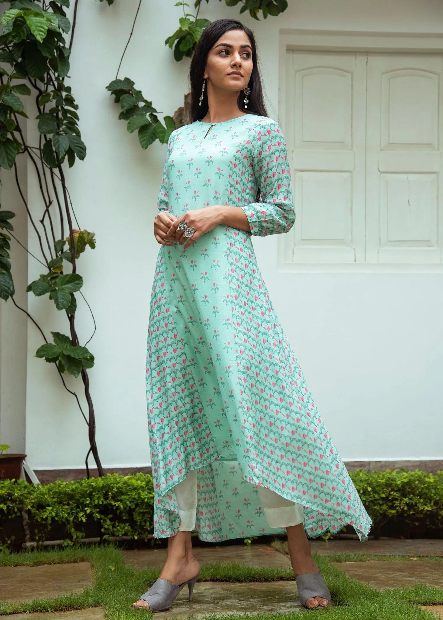 Firdaus Flared Brook Green Viscose Long Kurta