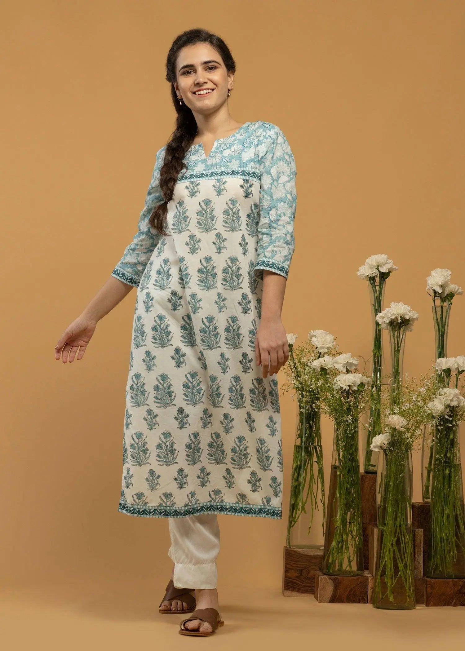 Basic Blue and White Straight Cotton Kurta