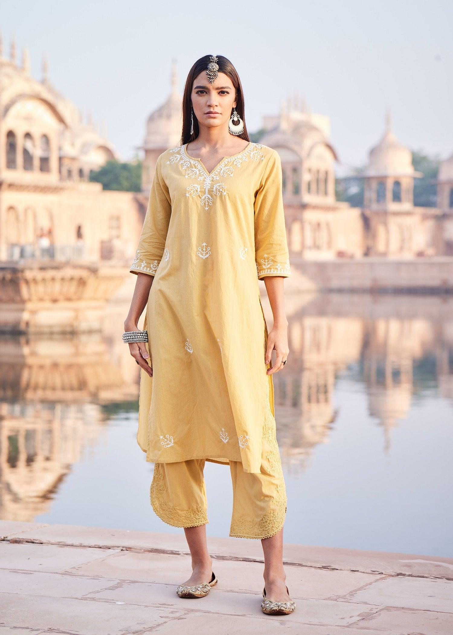 Regular Yellow Women Cotton Kurta