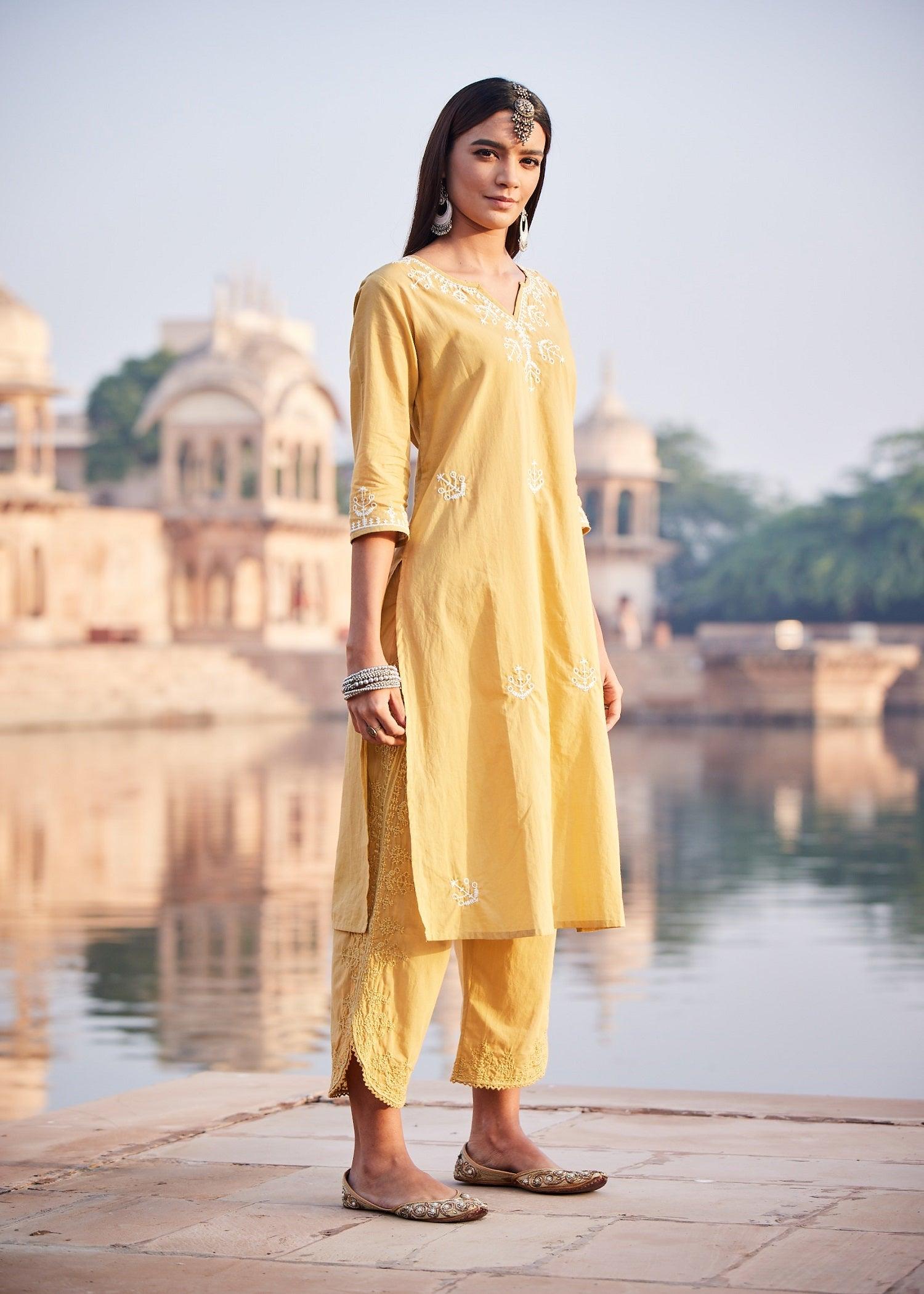 Regular Yellow Women Cotton Kurta