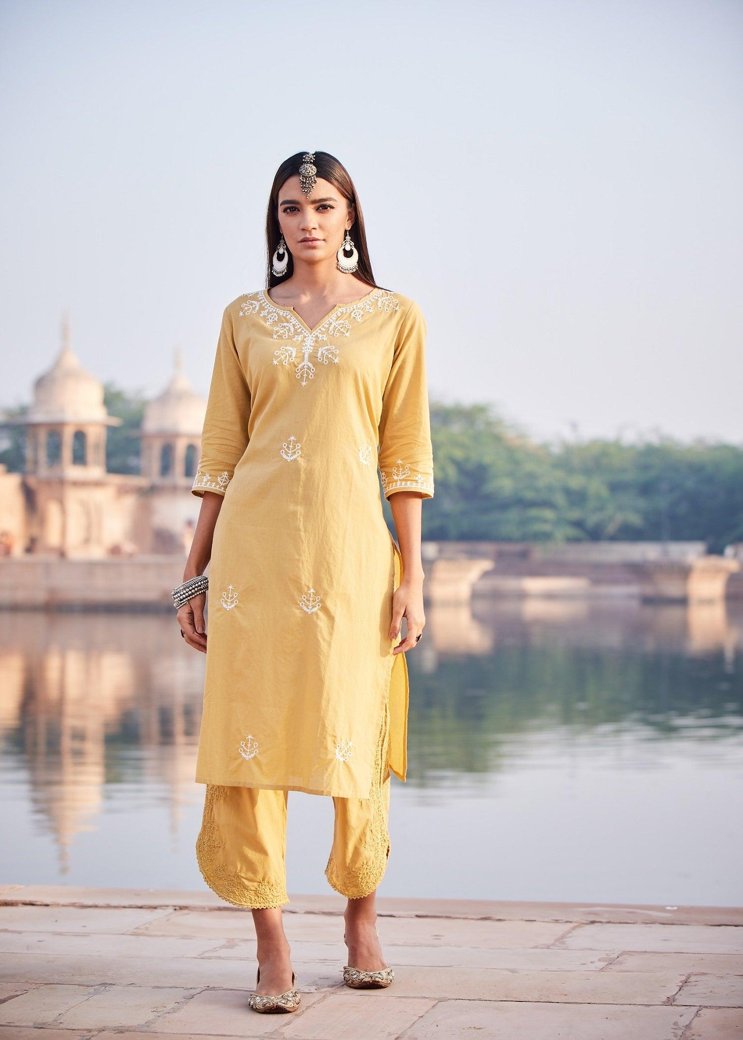 Regular Yellow Women Cotton Kurta