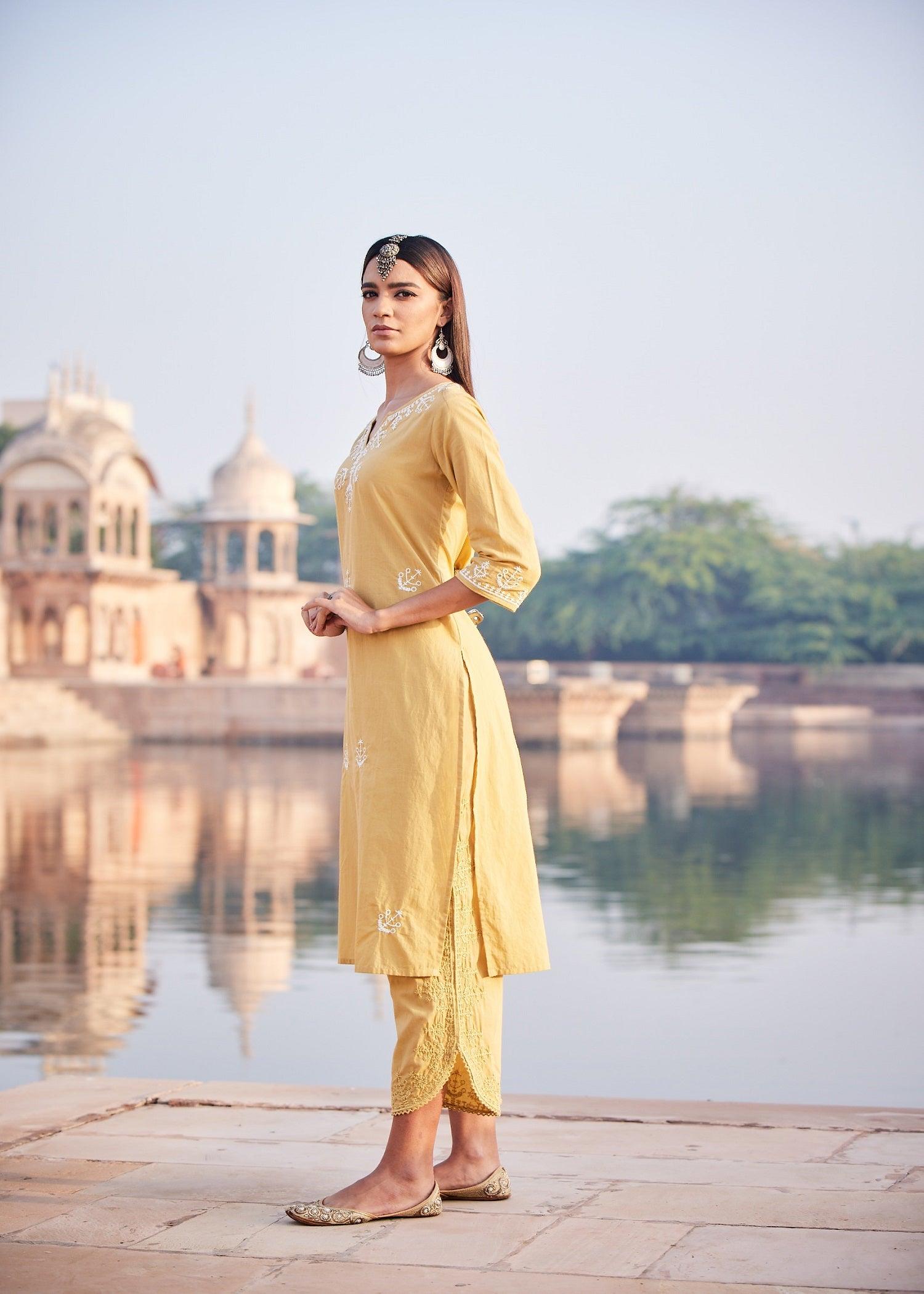 Regular Yellow Women Cotton Kurta