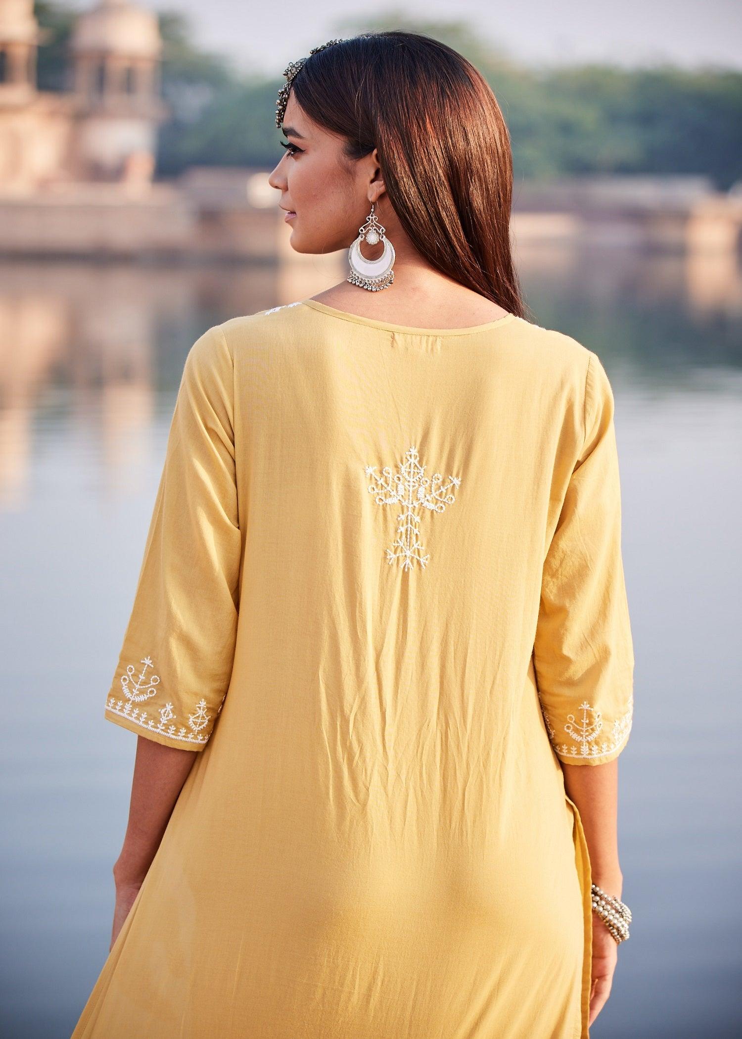 Regular Yellow Women Cotton Kurta