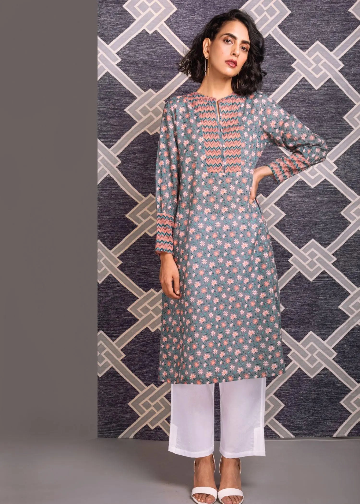 Adhira Grey Cotton Long Kurta