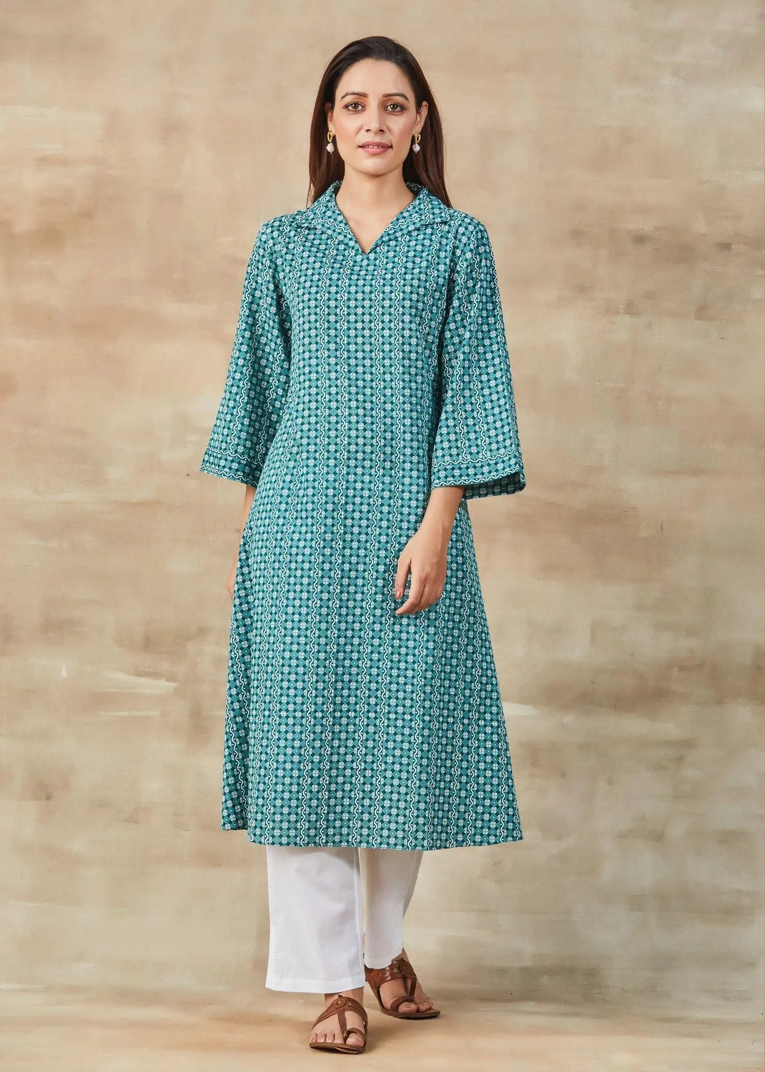 Nargis Calf Length Turquoise Color Long Kurta