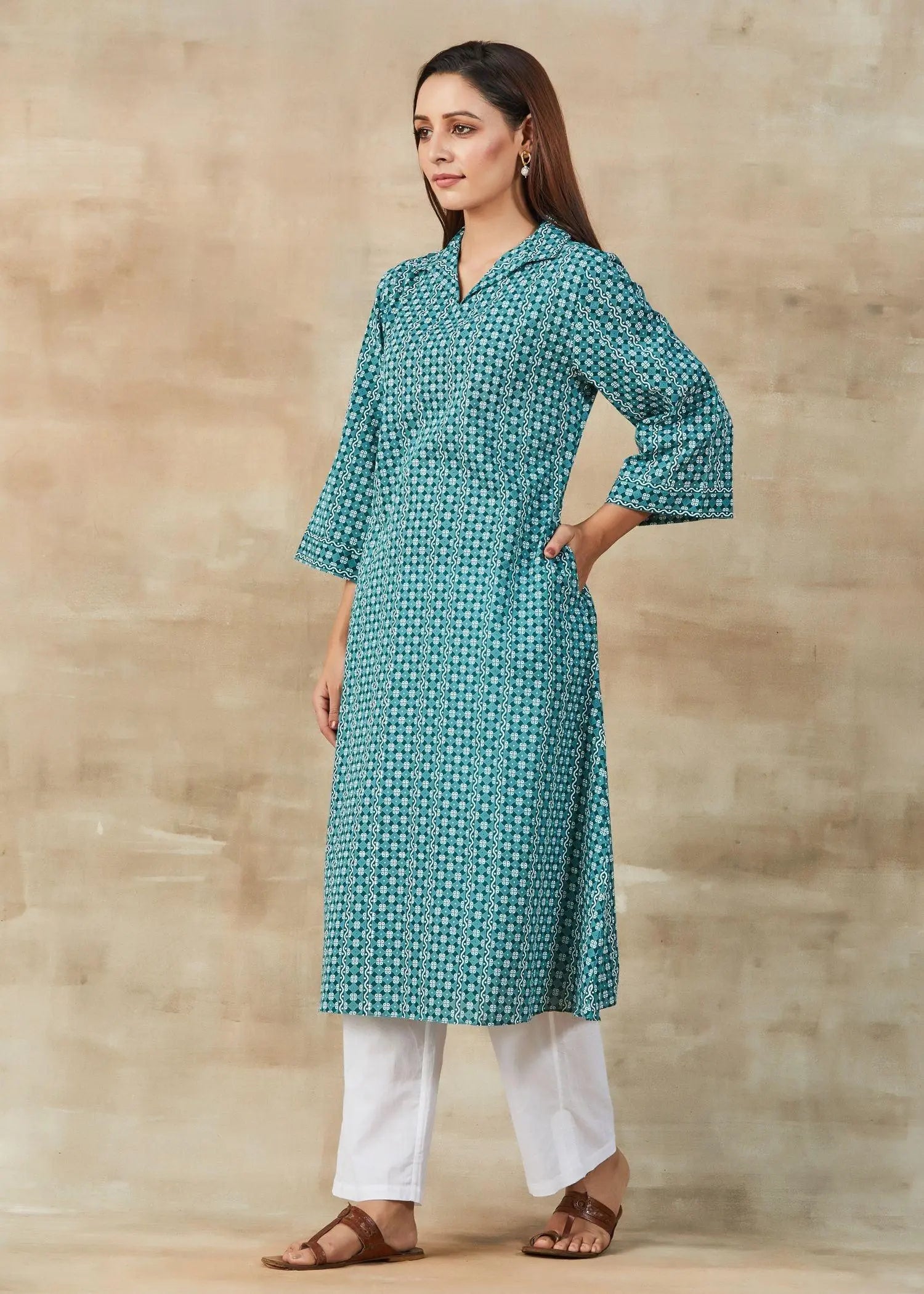 Nargis Calf Length Turquoise Color Long Kurta