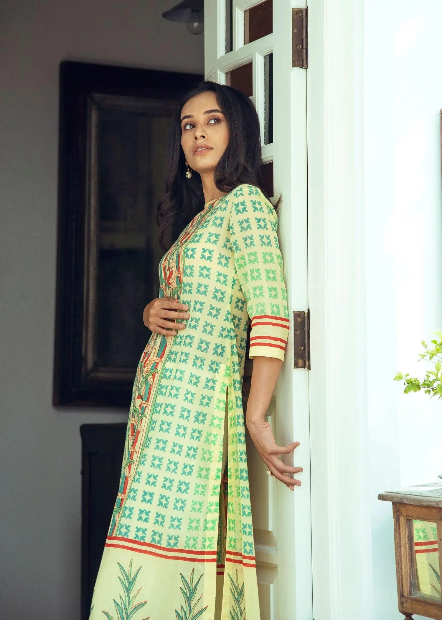 Diya A Line Yellow Floral And Geometric Block Print Cotton Kurta