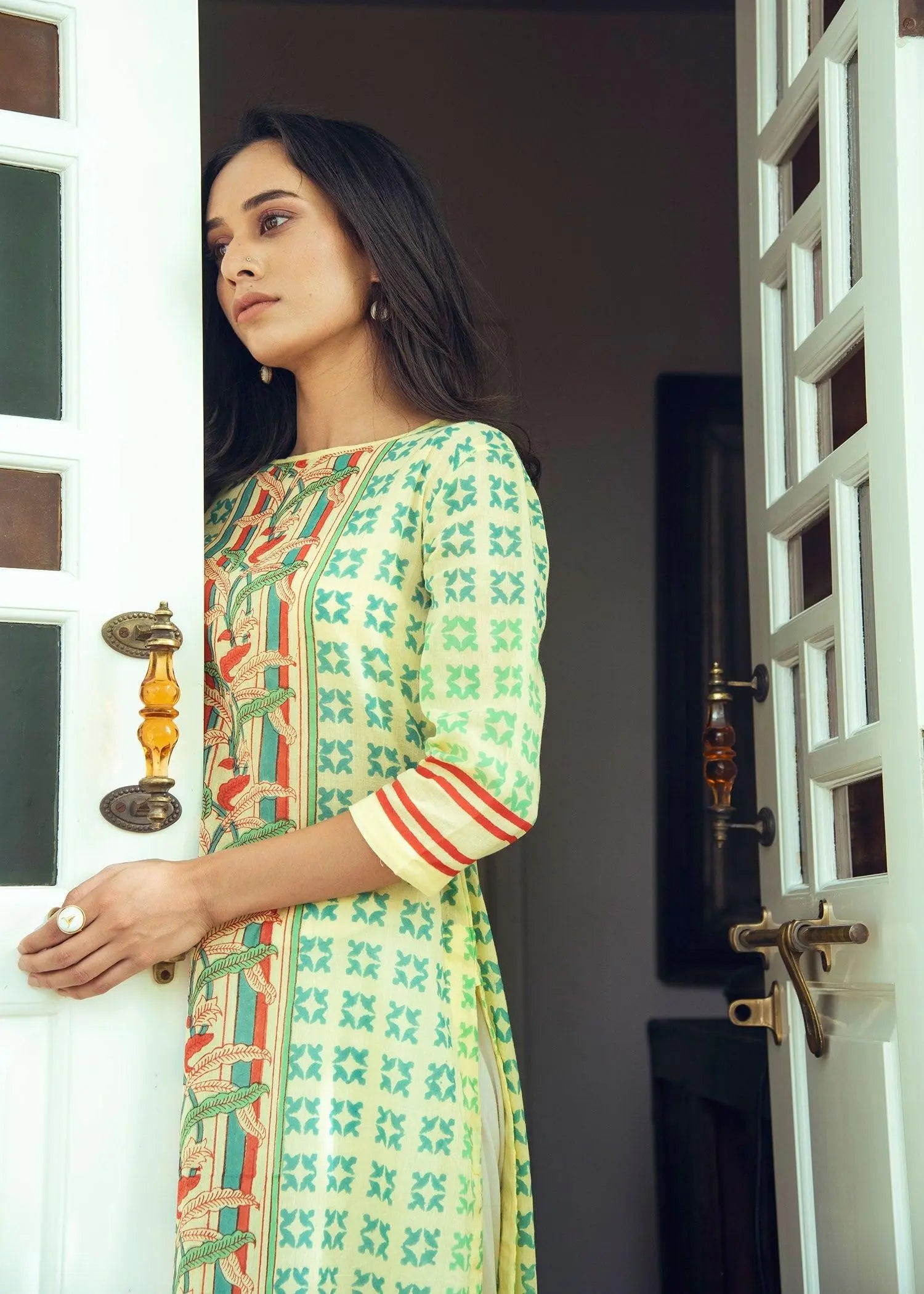 Diya A Line Yellow Floral And Geometric Block Print Cotton Kurta