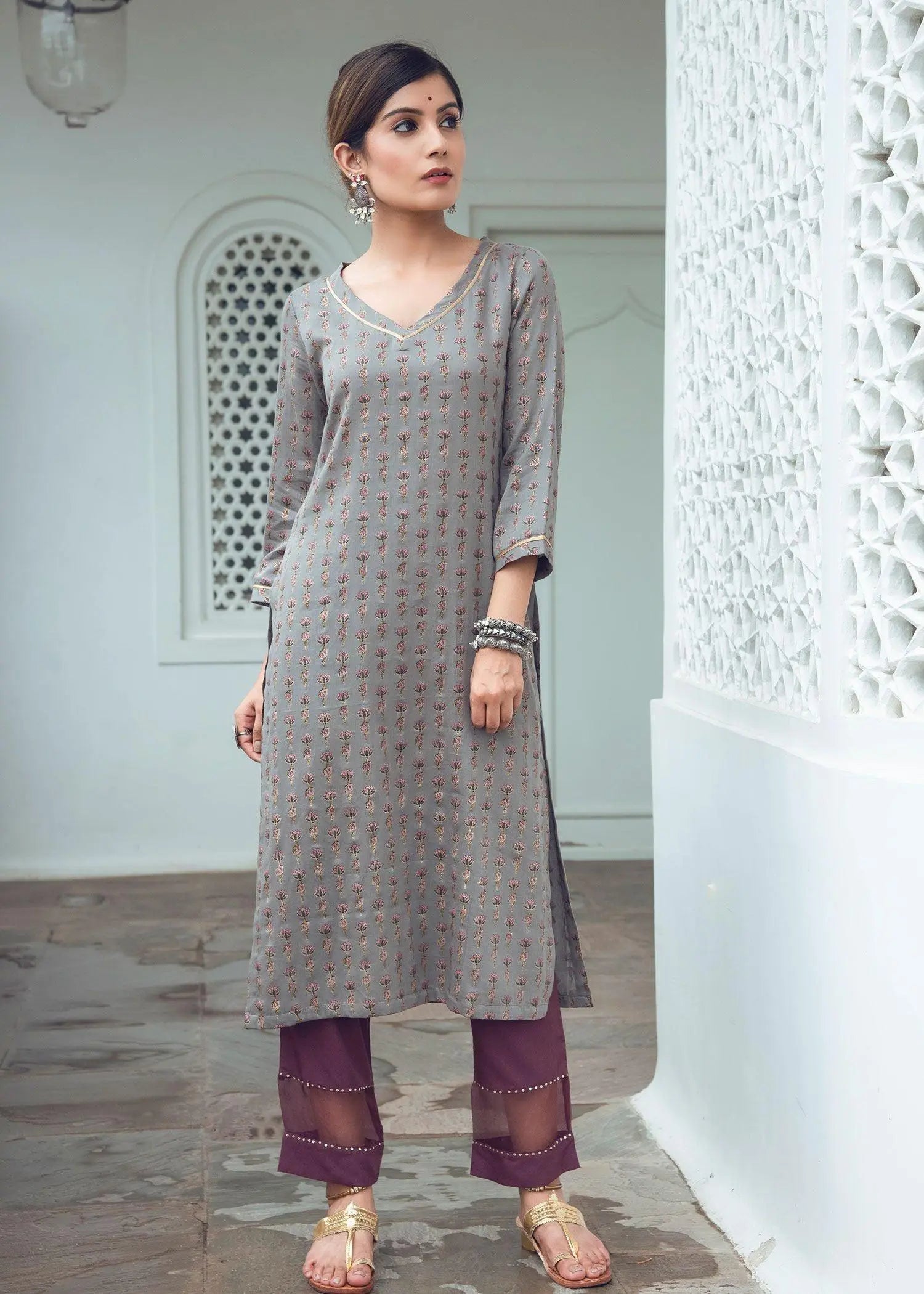 Misha Opal Grey Straight Cotton Kurta