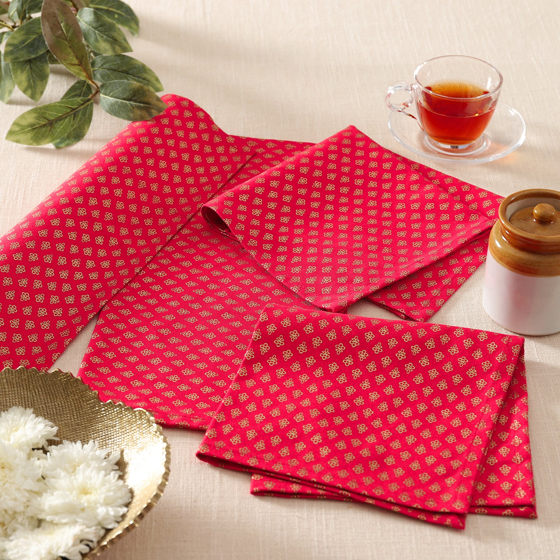 Kunj Booti Gold & Red Cotton Napkin Set of 6