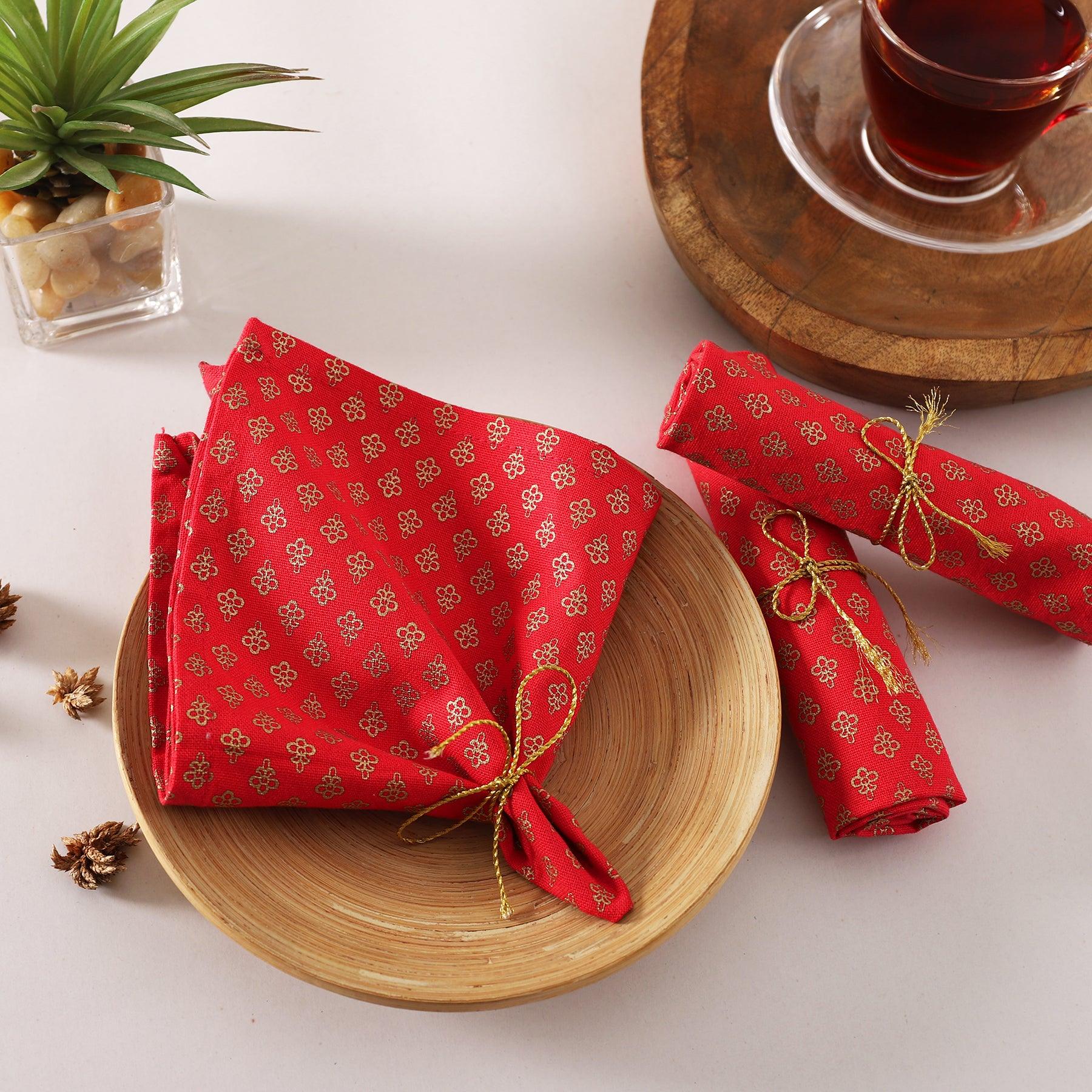 Kunj Booti Gold & Red Cotton Cocktail Napkin Set of 6