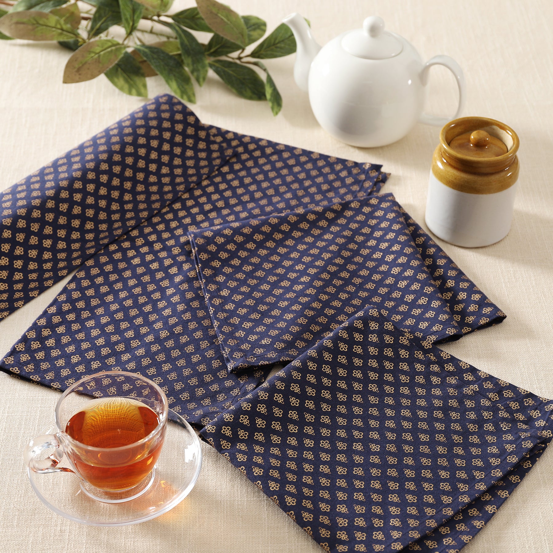 Kunj Booti Gold & Blue Cotton Napkin Set of 6