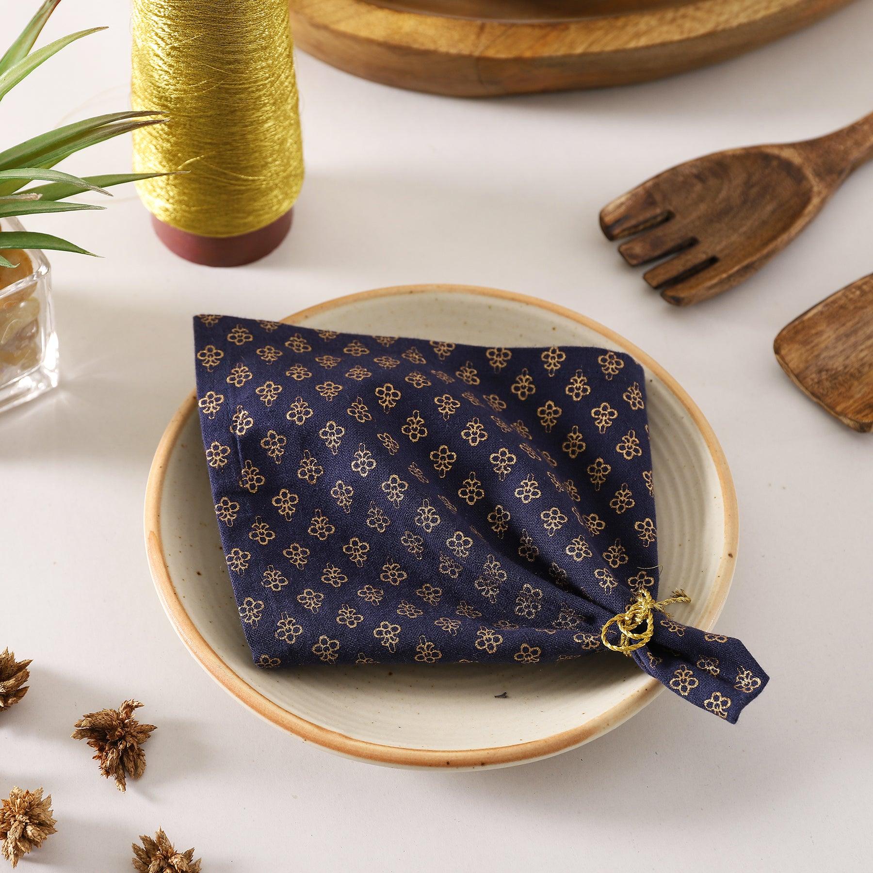 Kunj Booti Gold & Blue Cotton Cocktail Napkin Set of 6