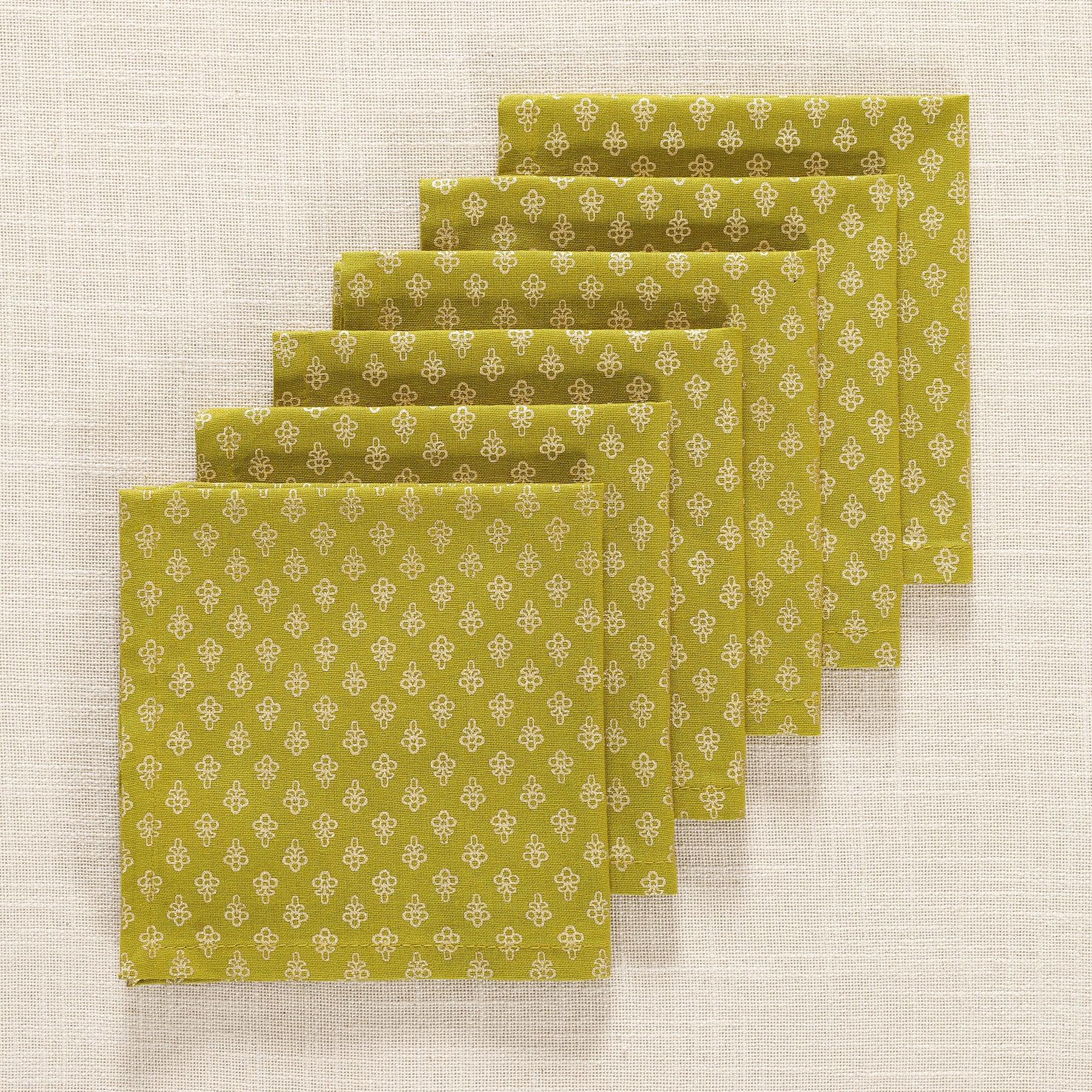 Kunj Booti Gold & Green Cotton Cocktail Napkin Set of 6