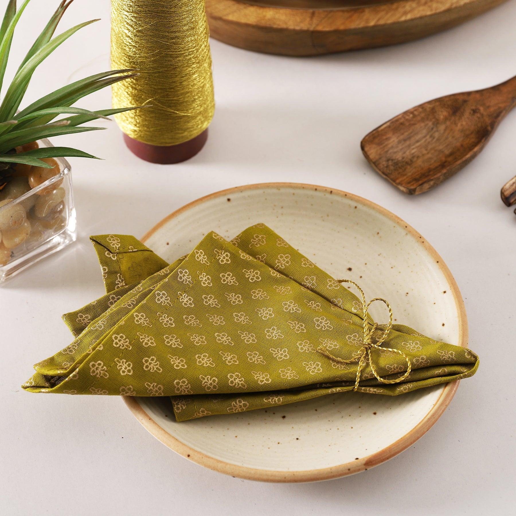 Kunj Booti Gold & Green Cotton Cocktail Napkin Set of 6