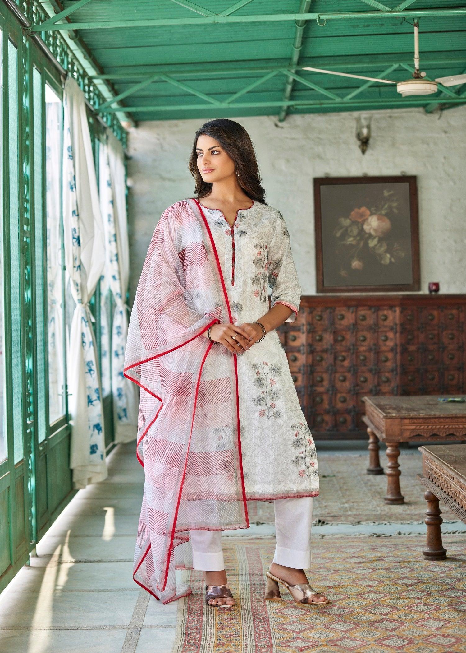 Kota-Doria Straight Kurta & Dupatta Set