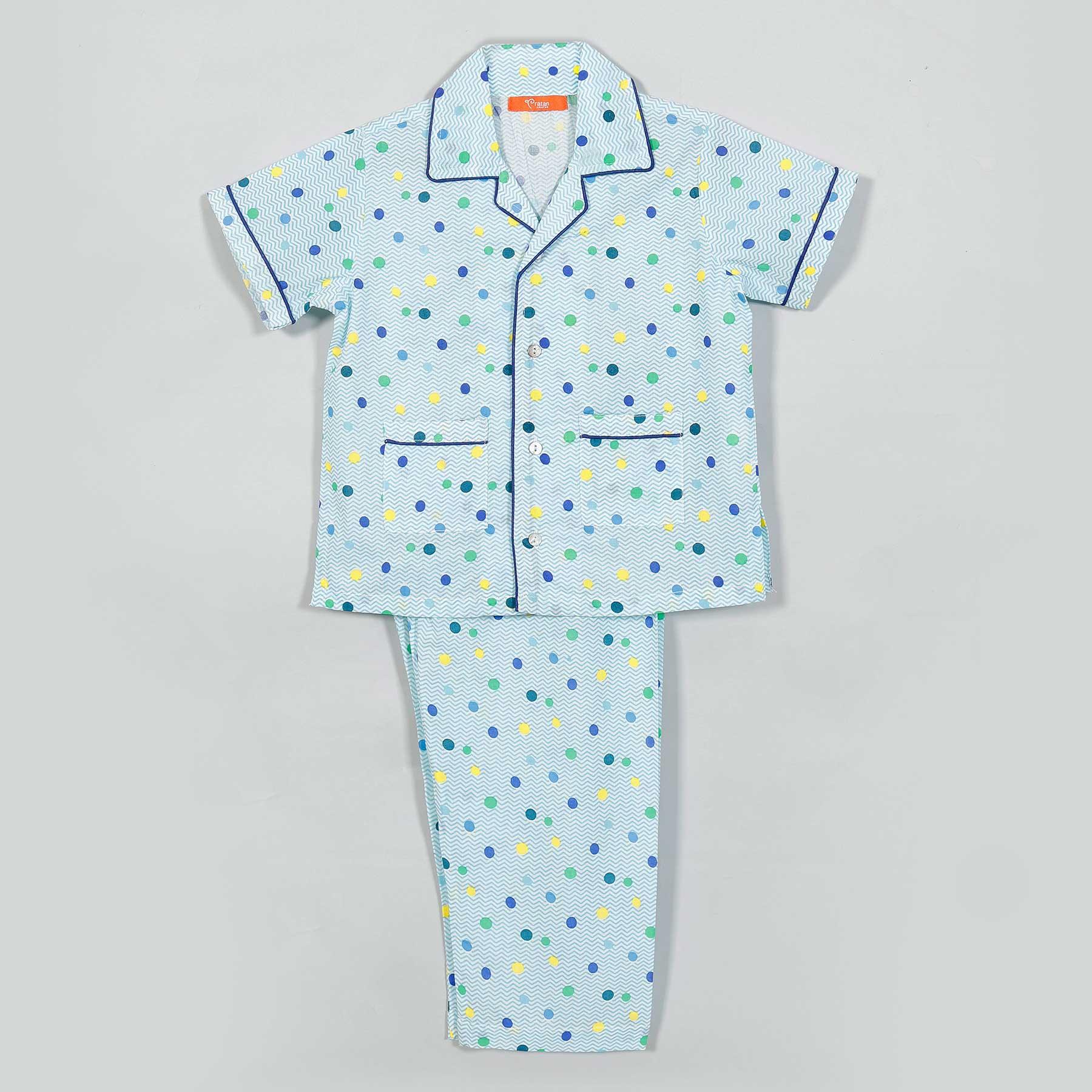 Chevron Dots Blue Cotton Half Sleeve Nightsuit Boy (0-12 Years)