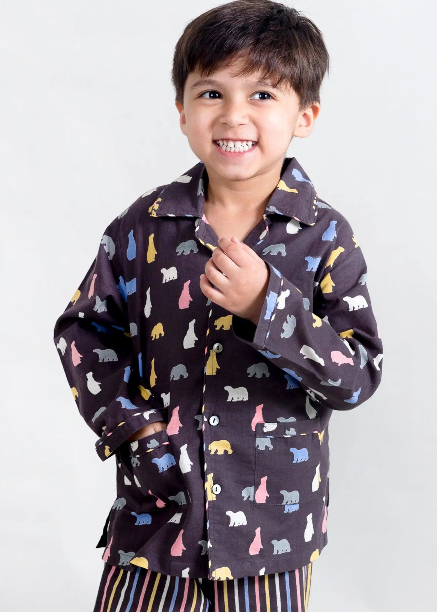 Bear Stripes Brown Full Sleeves Cotton Nighsuit Boy (1-14 Years)