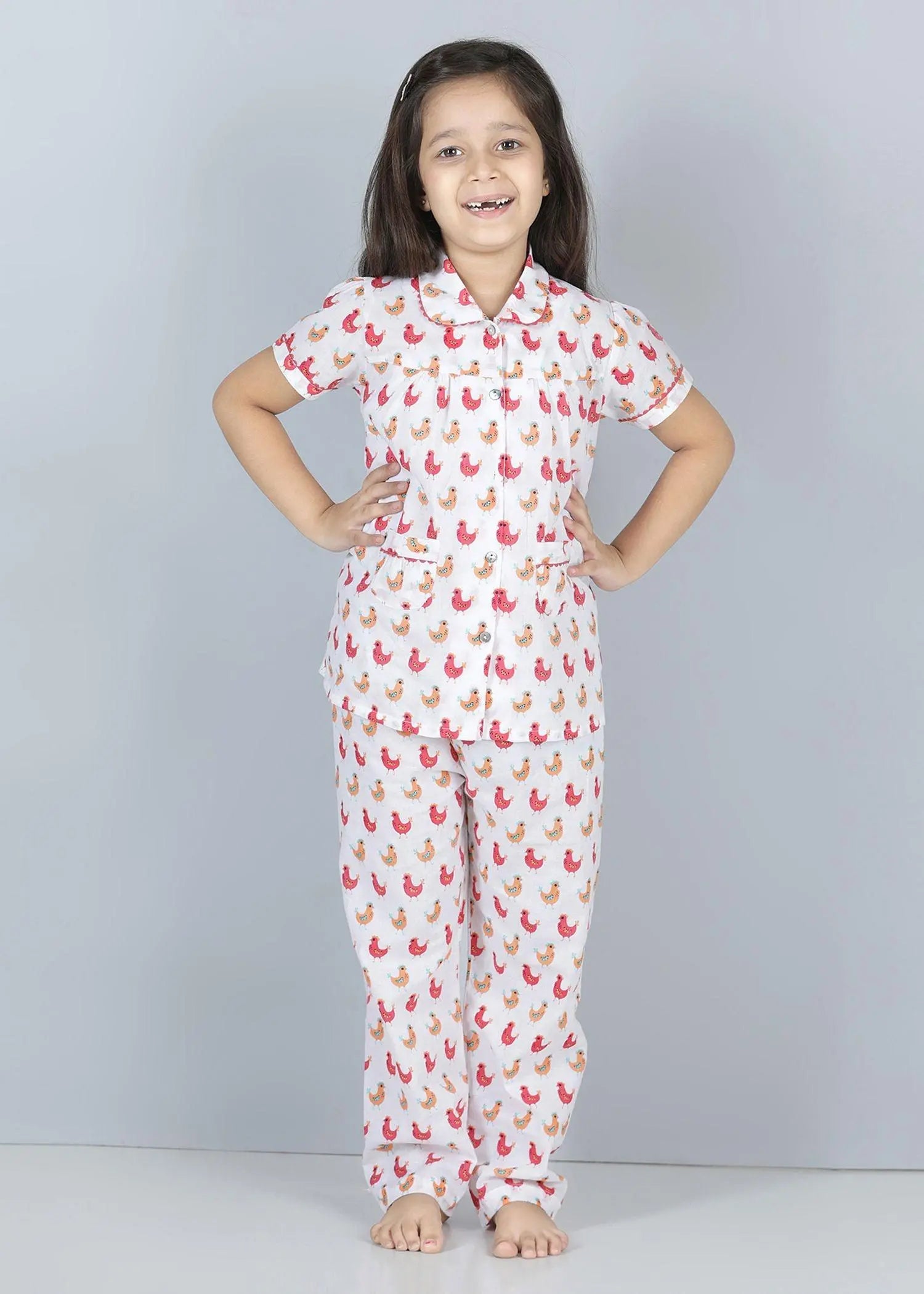 Hen Pink Half Sleeves Cotton Nighsuit Girl (1-12 Years)