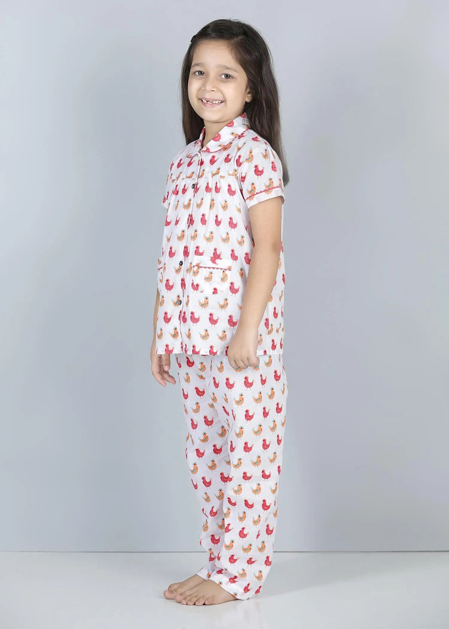 Hen Pink Half Sleeves Cotton Nighsuit Girl (1-12 Years)