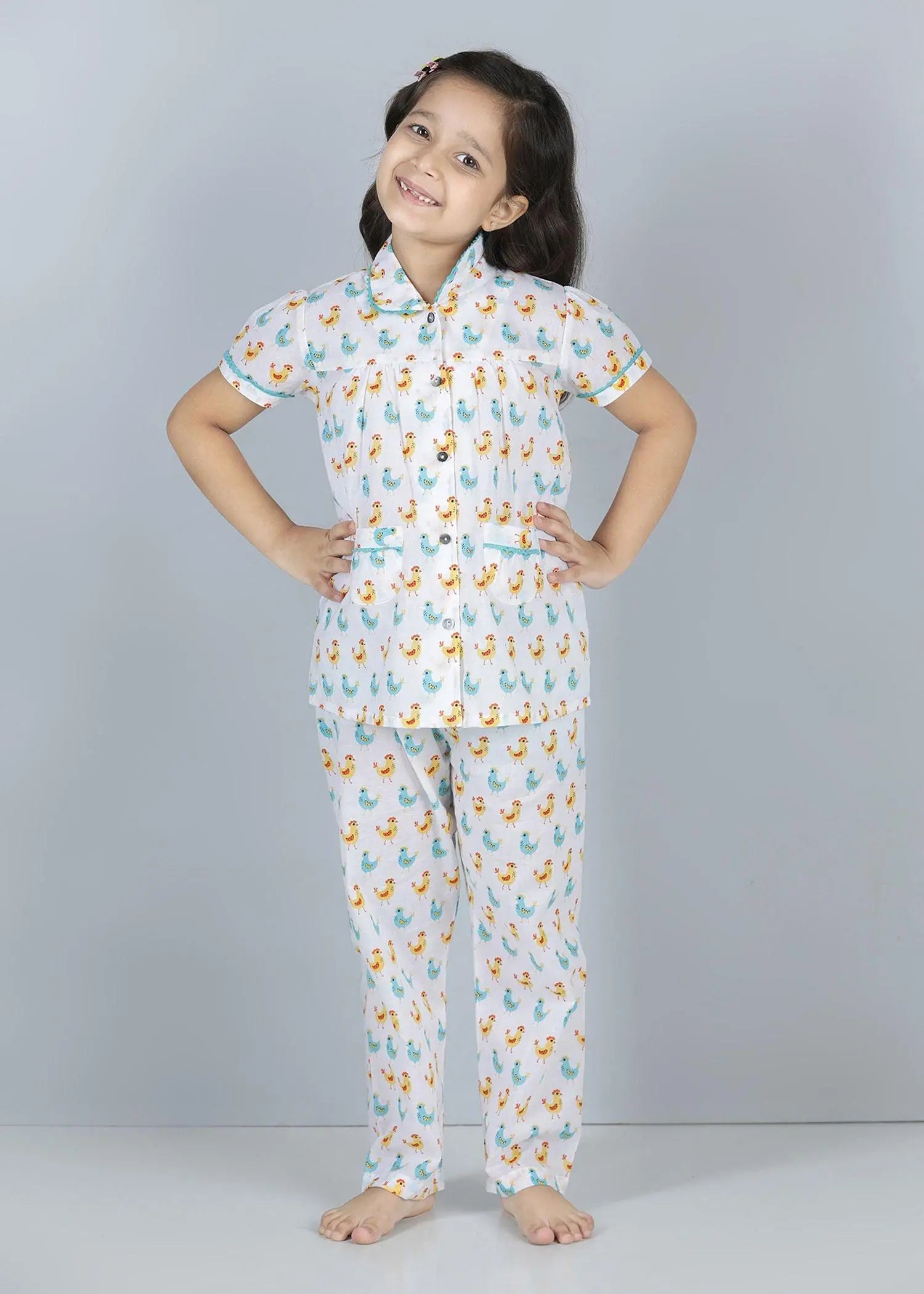 Hen Blue Half Sleeves Cotton Nighsuit Girl (1-12 Years)