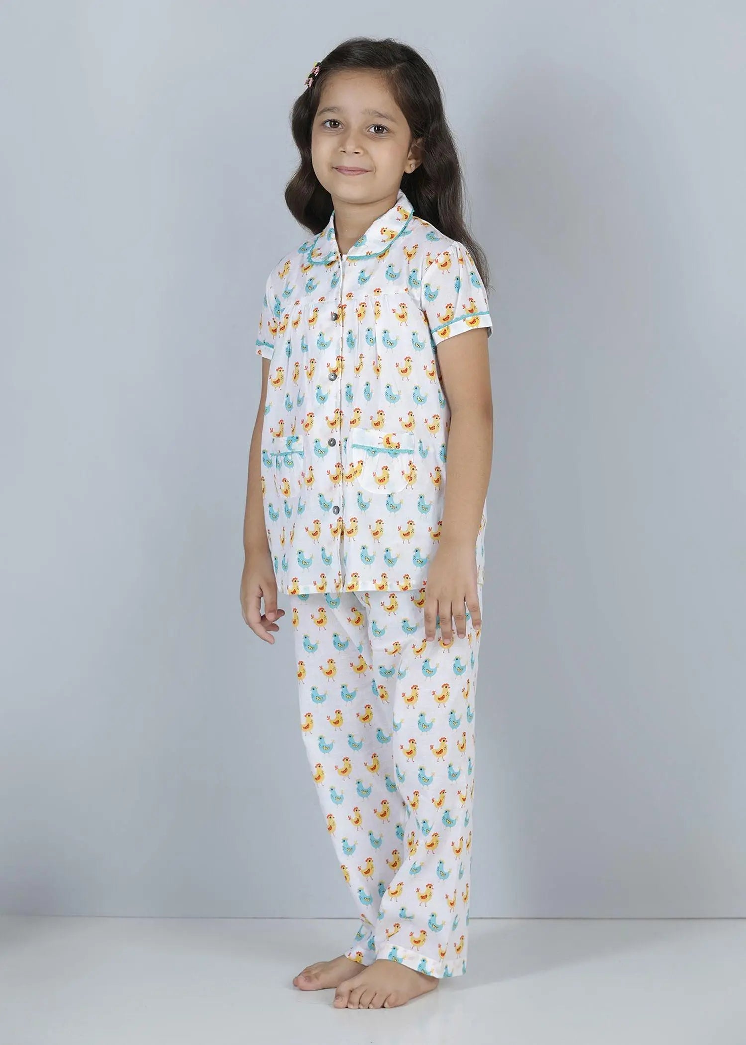 Hen Blue Half Sleeves Cotton Nighsuit Girl (1-12 Years)