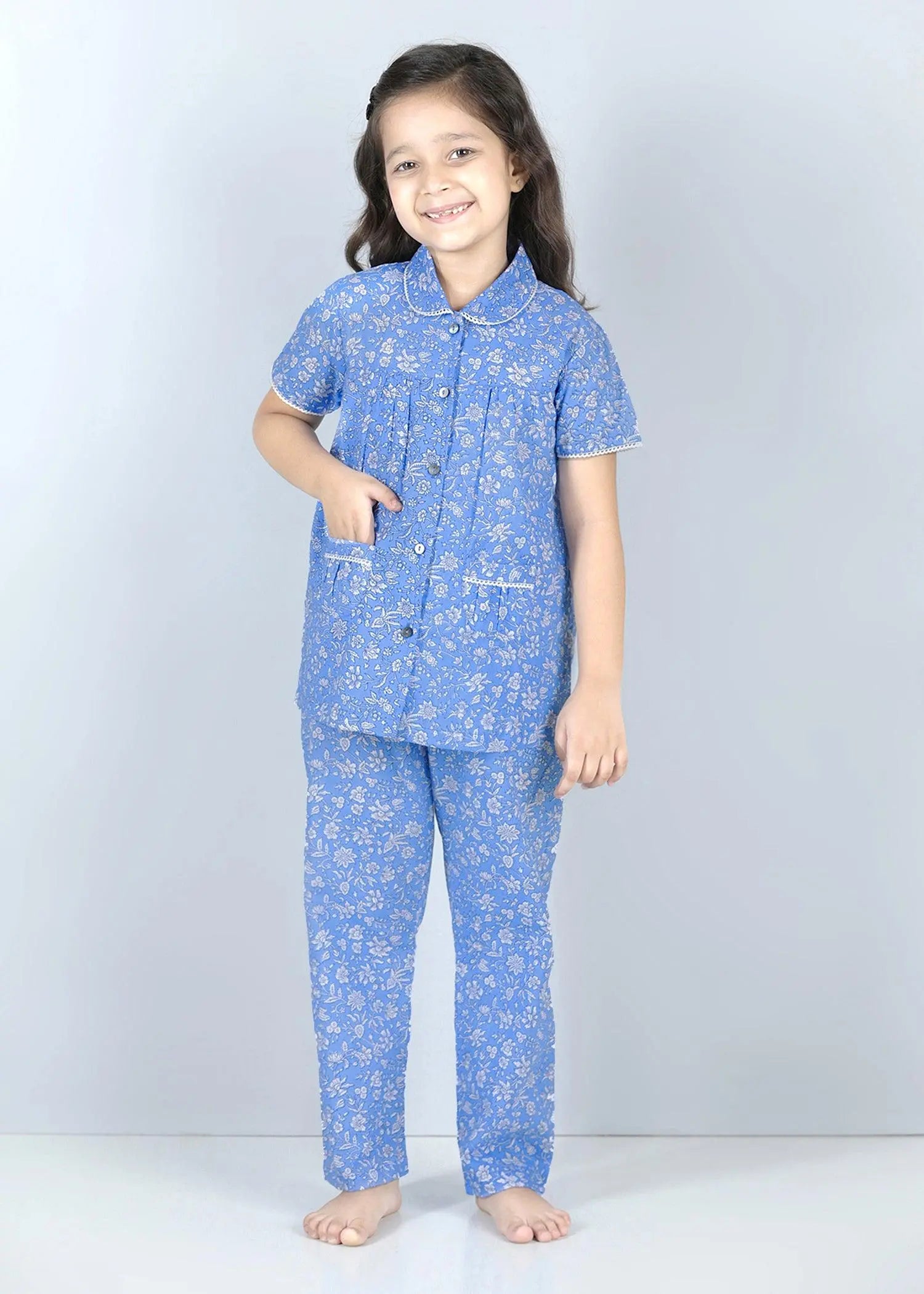 Jaal Blue Half Sleeves Cotton Nighsuit Girl (1-14 Years)