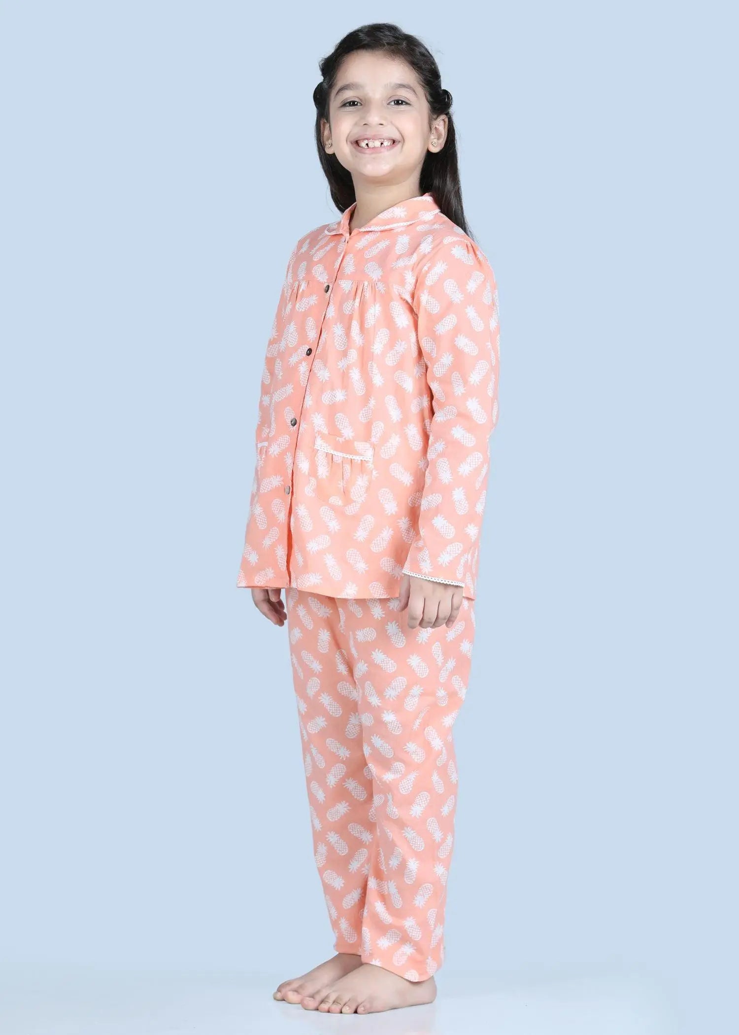 Pineapple Peach Full Sleeves Cotton Nighsuit Girl (1-12 Years)