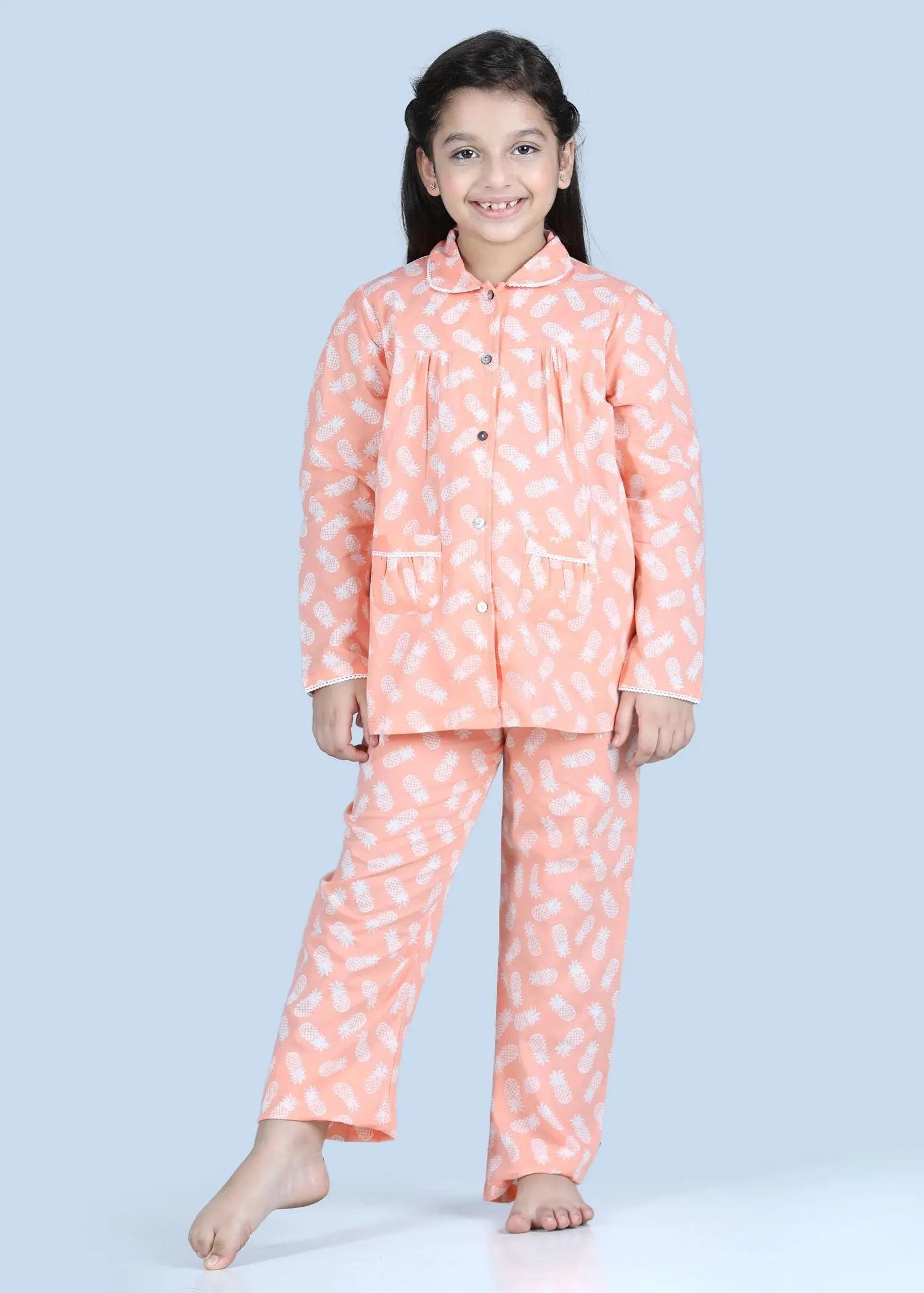 Pineapple Peach Full Sleeves Cotton Nighsuit Girl (1-12 Years)